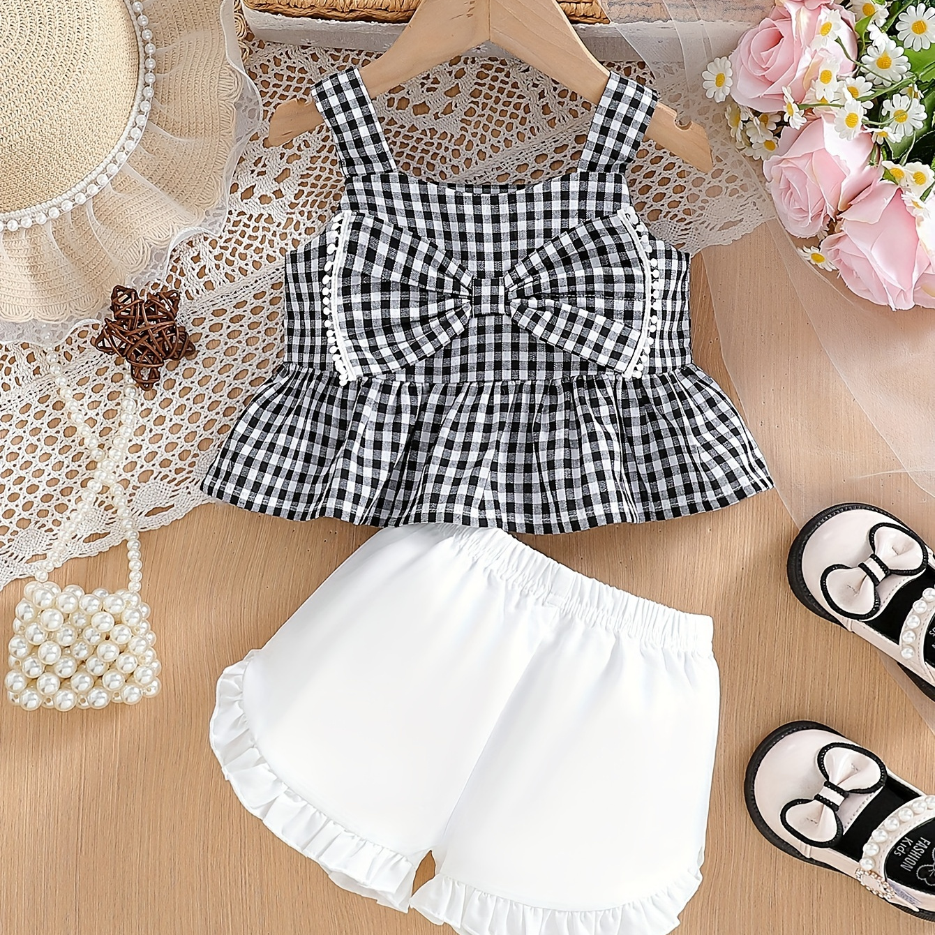 TEMU Baby's Cute Bowknot Decor 2pcs Casual Summer Outfit, Ruffle Trim Gingham Sleeveless Top & Shorts Set, Toddler & Infant Girl's Clothes For Daily/holiday/party