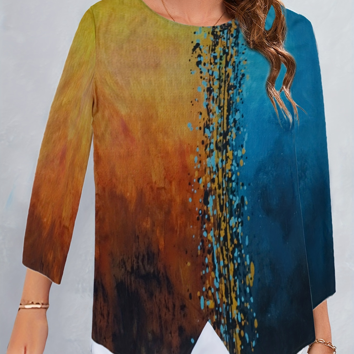 

Plus Size Boho T-shirt, Women's Plus Splash Painting Print Tie Dye Long Sleeve Round Neck Asymmetric Hem T-shirt