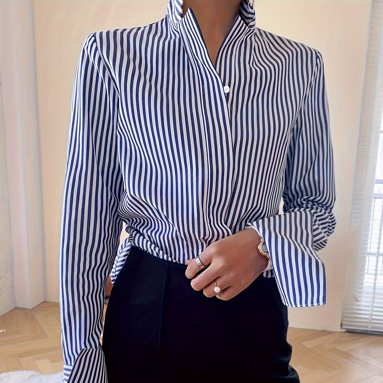 

Elegant Striped Long Sleeve Blouse For Women - Casual Polyester & Elastane, Machine Washable, Mock Neck Design