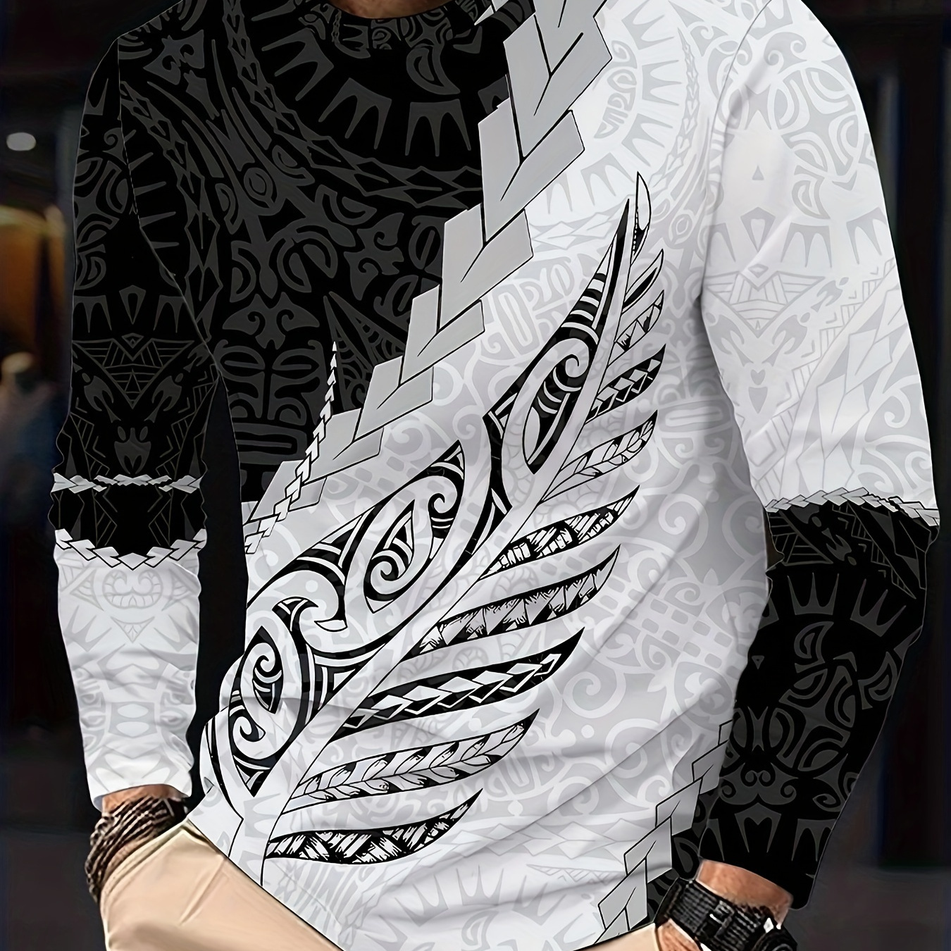 

Men' Casual Long Sleeve T-shirt, Polyester Knit, Round Neck, Stretch Fabric, Random Print, All , Regular Fit, Top