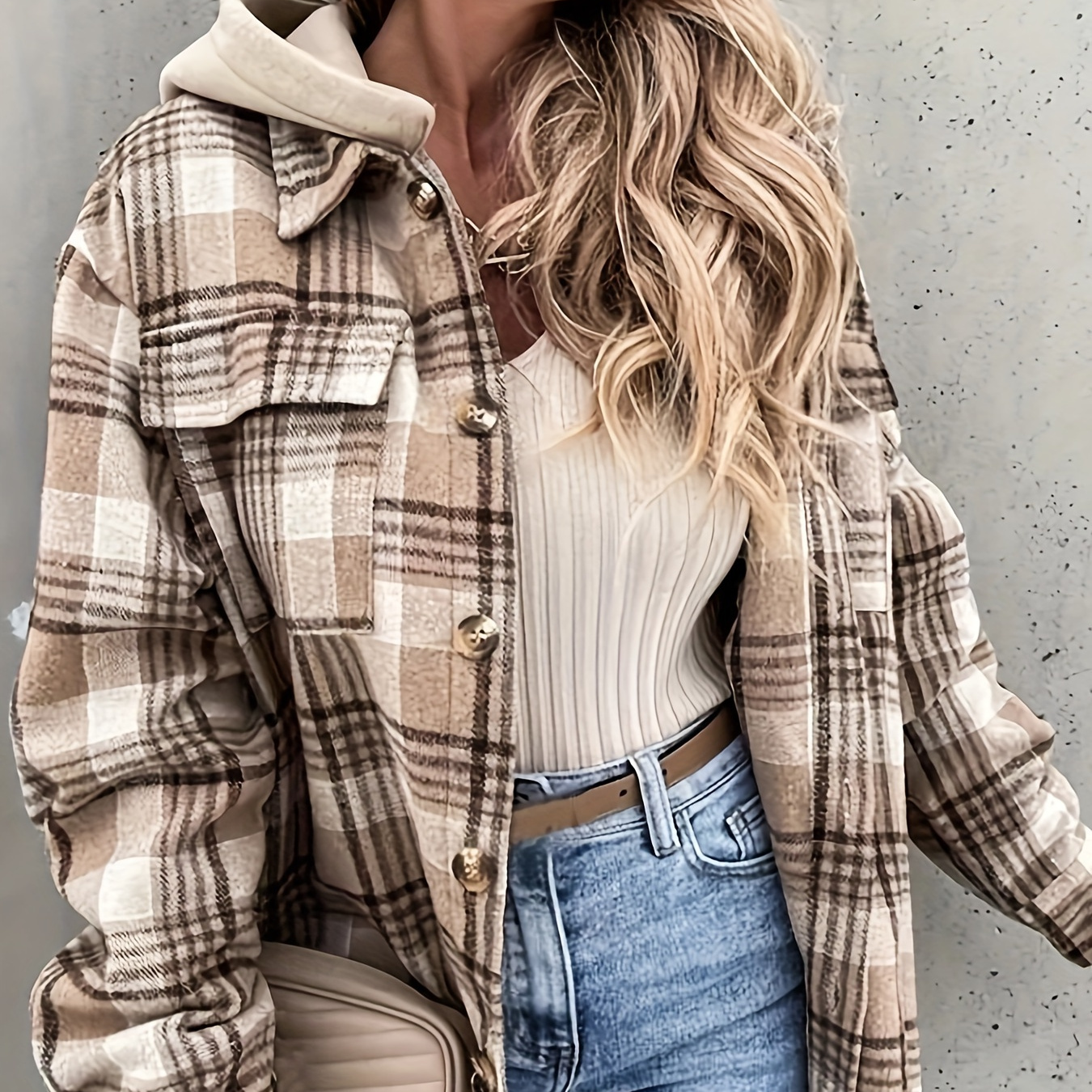 

Plaid Flap Pockets Hooded Jacket, Versatile Drop Shoulder Hooded Outwear For Fall & Winter, Women's Clothing