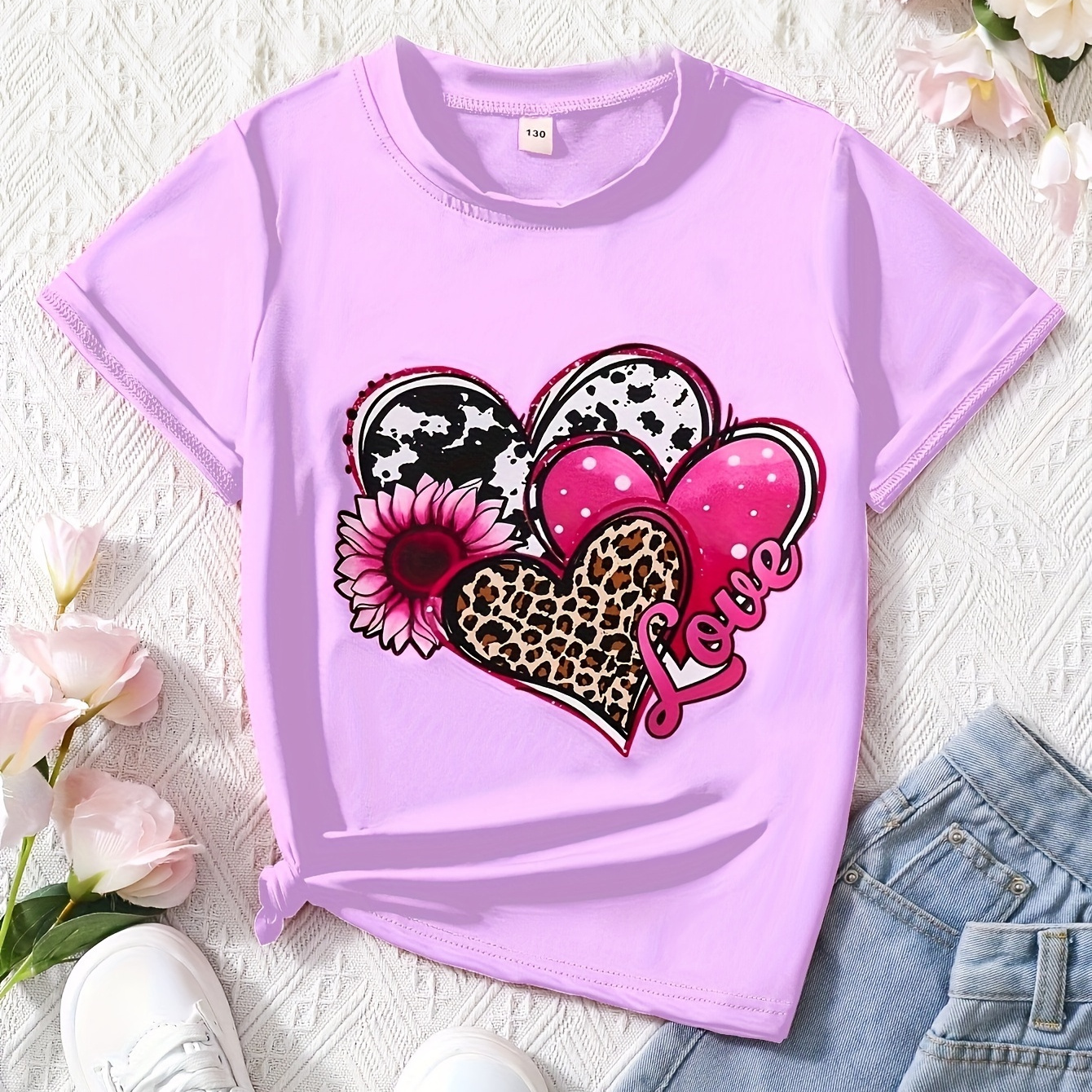 

Casual Heart Print Short Sleeve T-shirt Set For Girls Summer Gift Outdoor