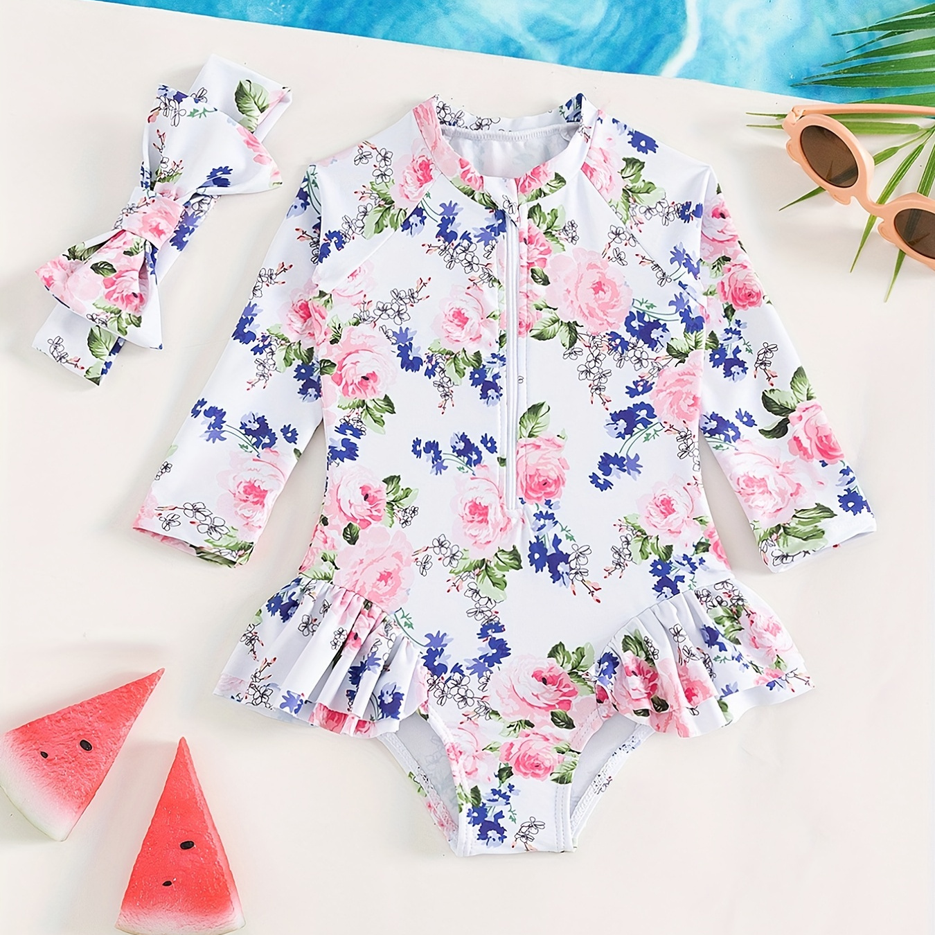 

2pcs Toddlers Floral Zipper Up Long Sleeve Elastic 1 Piece Swimsuit With Hair Band Set, Kids Babies Resort Style Beach Swimming Clothes