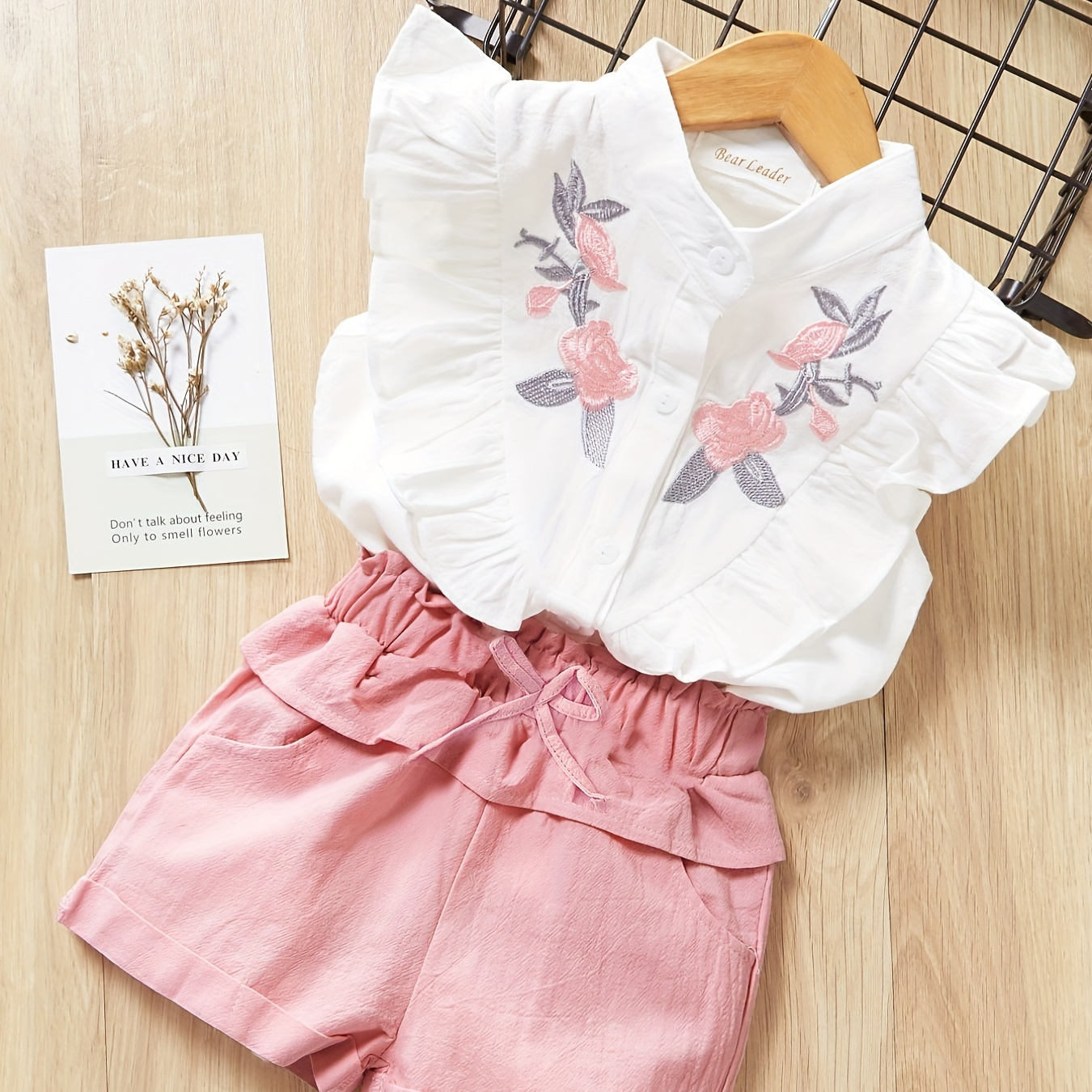 2pcs Girls' Flowers Embroidered Sleeveless Shirt And Pleated Fringe Shorts Set Casual Suit Outfit