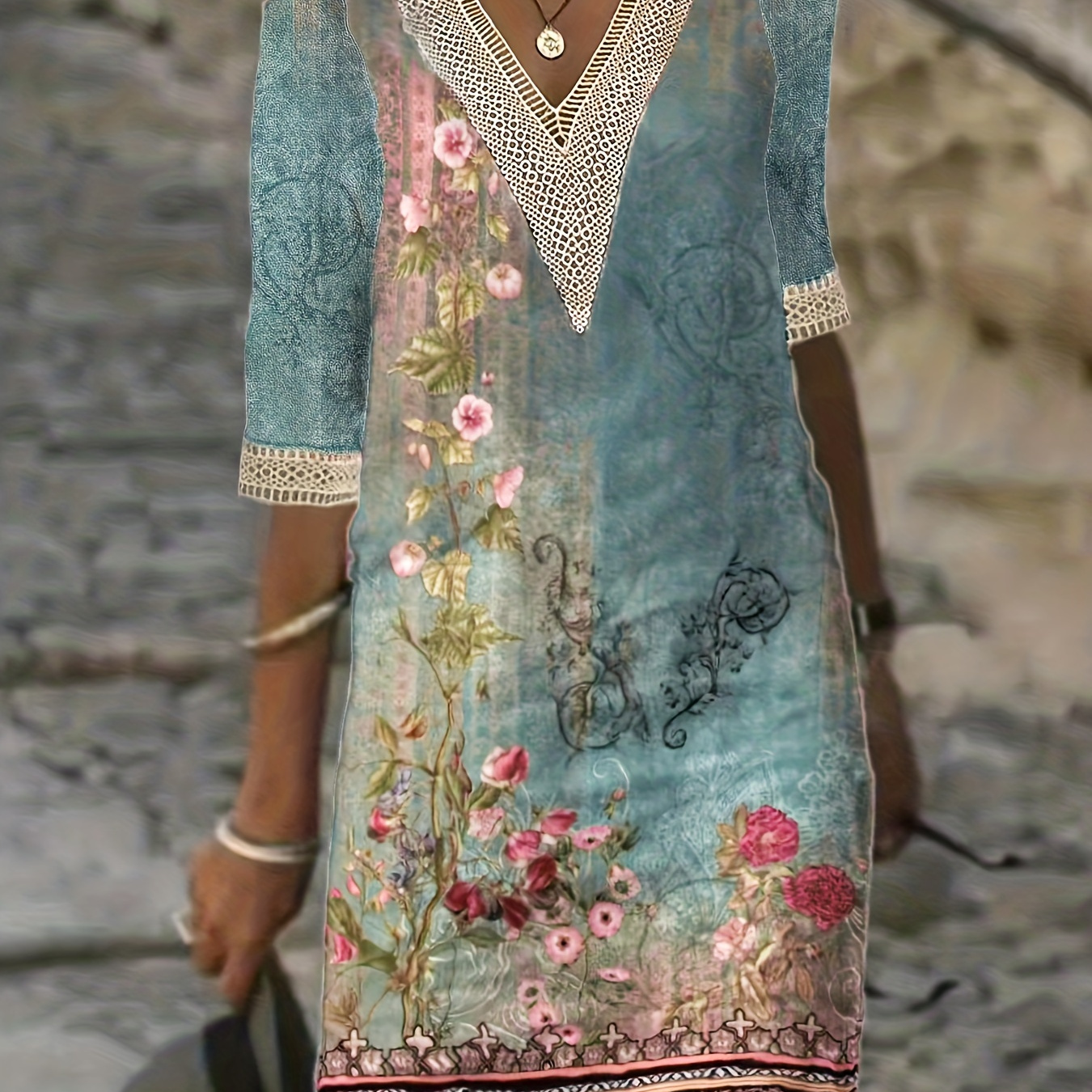 

Guipure Lace Floral Print Dress, Vintage V Neck Half Sleeve Dress, Women's Clothing