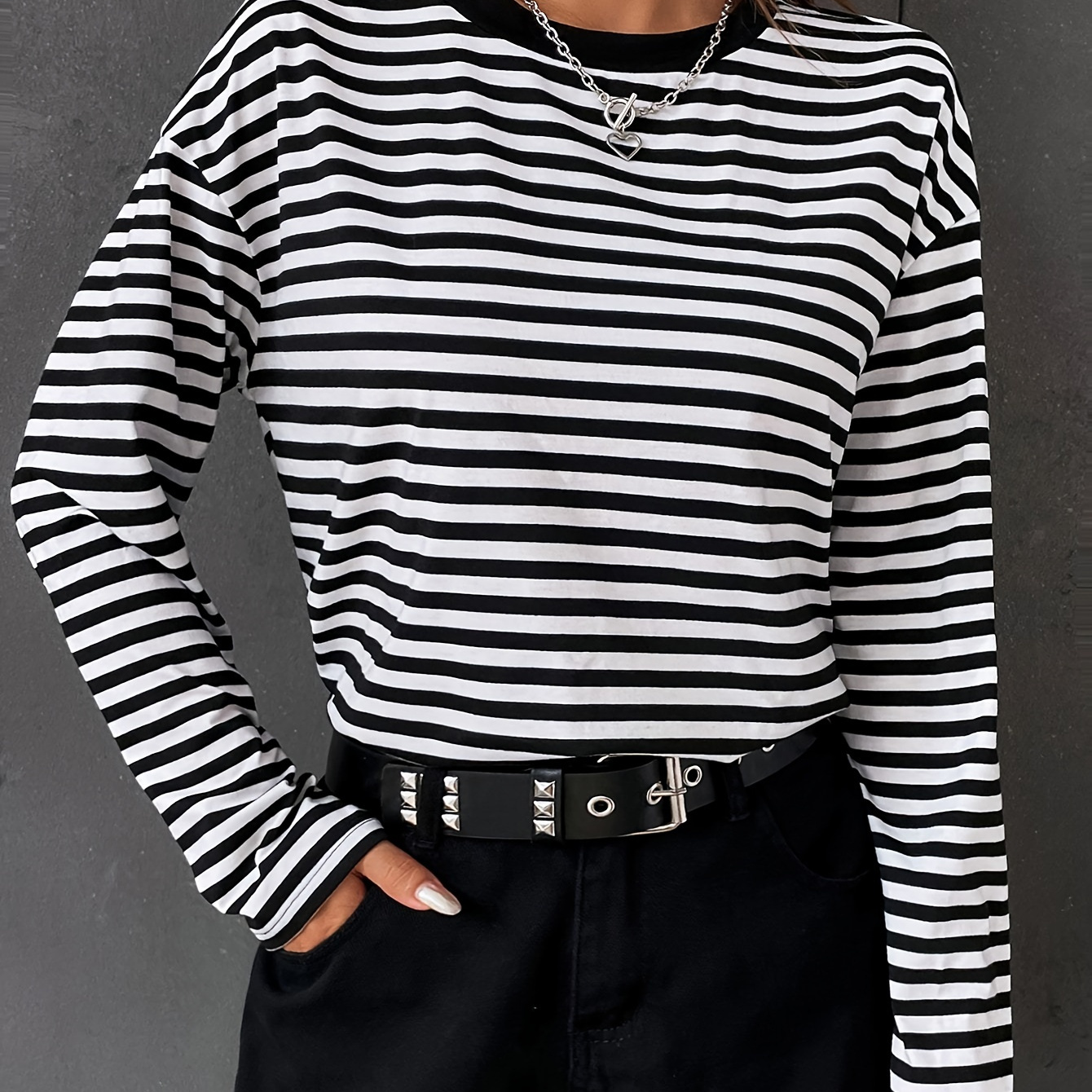 

Striped Color Block T-shirt, Casual Drop Shoulder Crew Neck Long Sleeve T-shirt For Spring & Fall, Women's Clothing