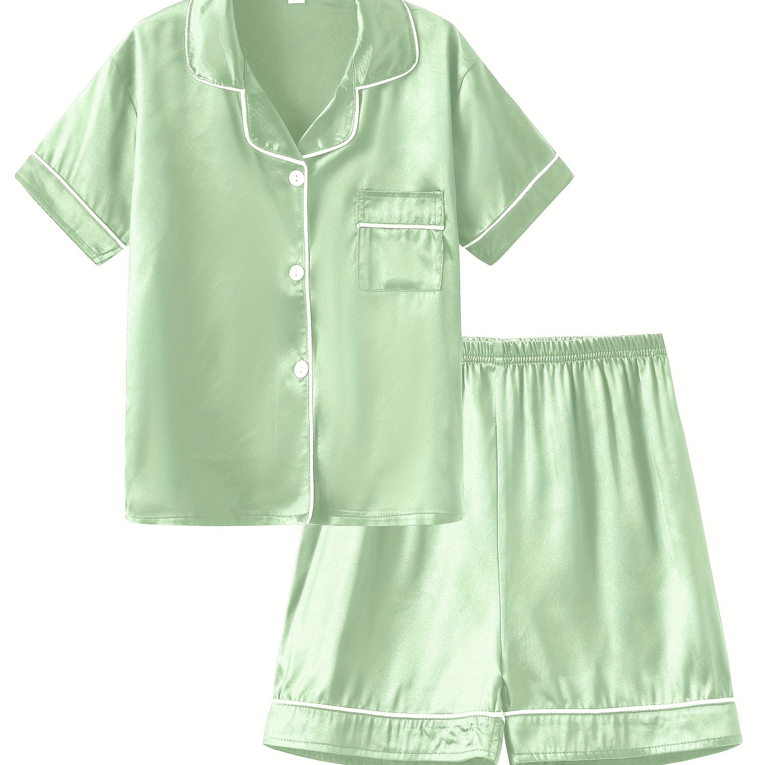 

Kid's 2pcs Pajamas, Solid Color Short Sleeve Cardigan Top & Short Loungewear Set, Comfy Casual Pj Set, Girl's Clothes