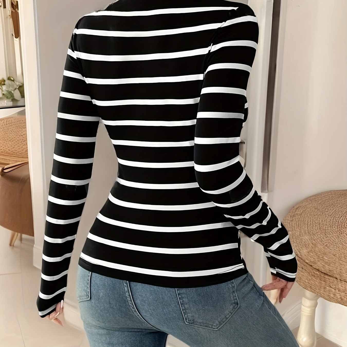 

Women's Polyester Blouse With Elastane, Elegant And Chic French Stripe Pattern, Small Collar, Machine Washable And Dryable