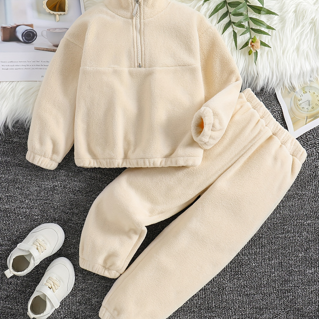 

Toddler Girls 2pcs Solid Sets, Half Zip Long Sleeve Tops + Jogger Pants Fall Winter Sports