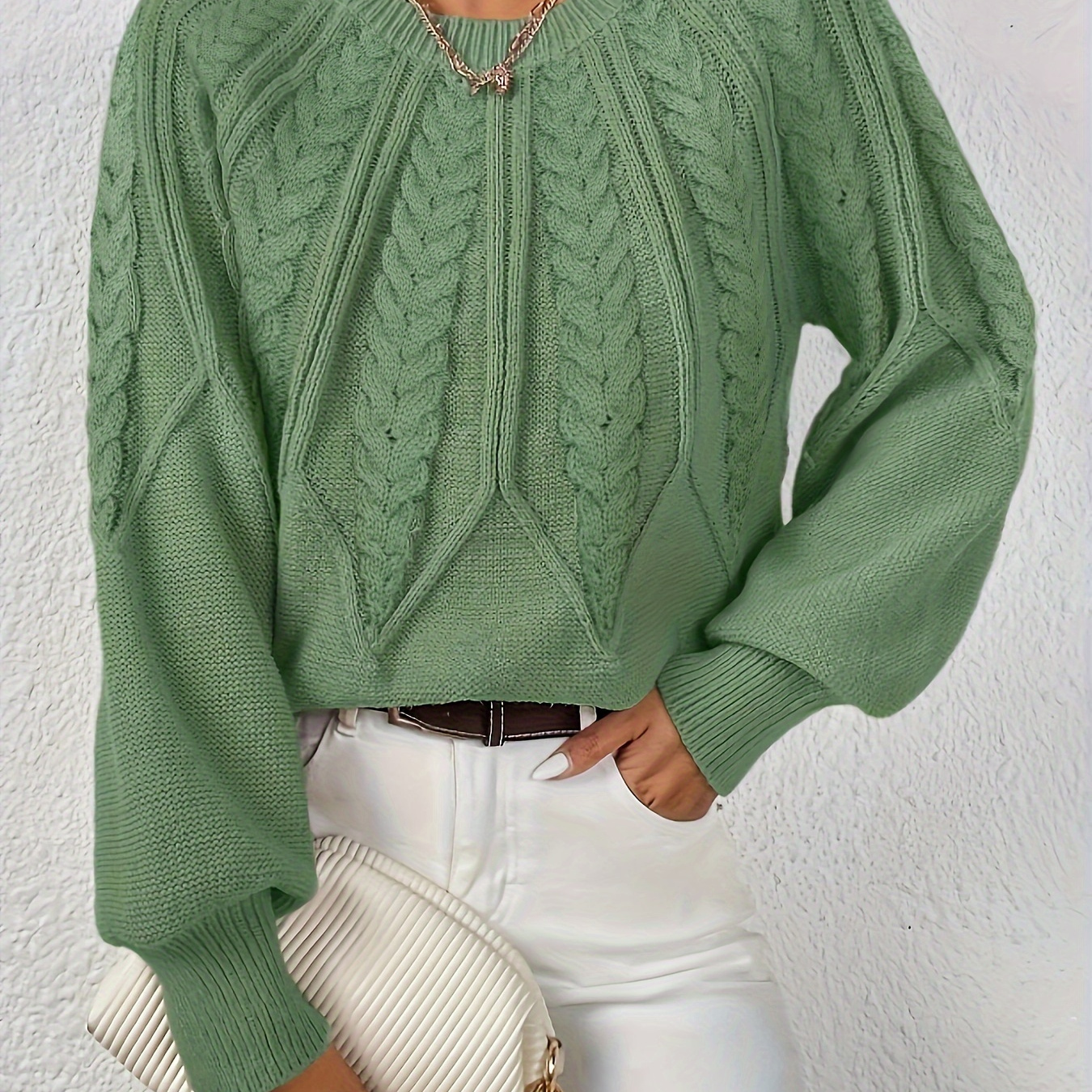 

Cable Knit Crew Neck Sweater, Elegant Long Sleeve Sweater For Fall & Winter, Women's Clothing