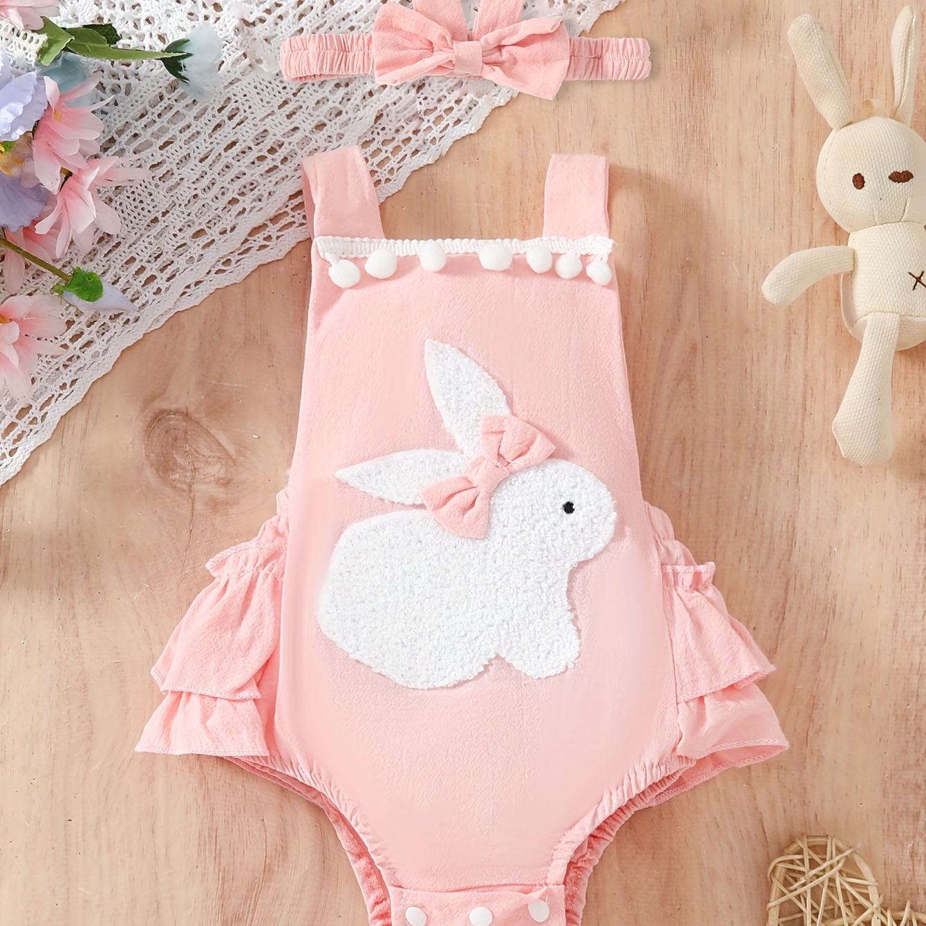 

Baby Cute Rabbit Embroidered Bow Adjustable Cotton Triangle Romper With Straps + Hairband Set Cosplay Party