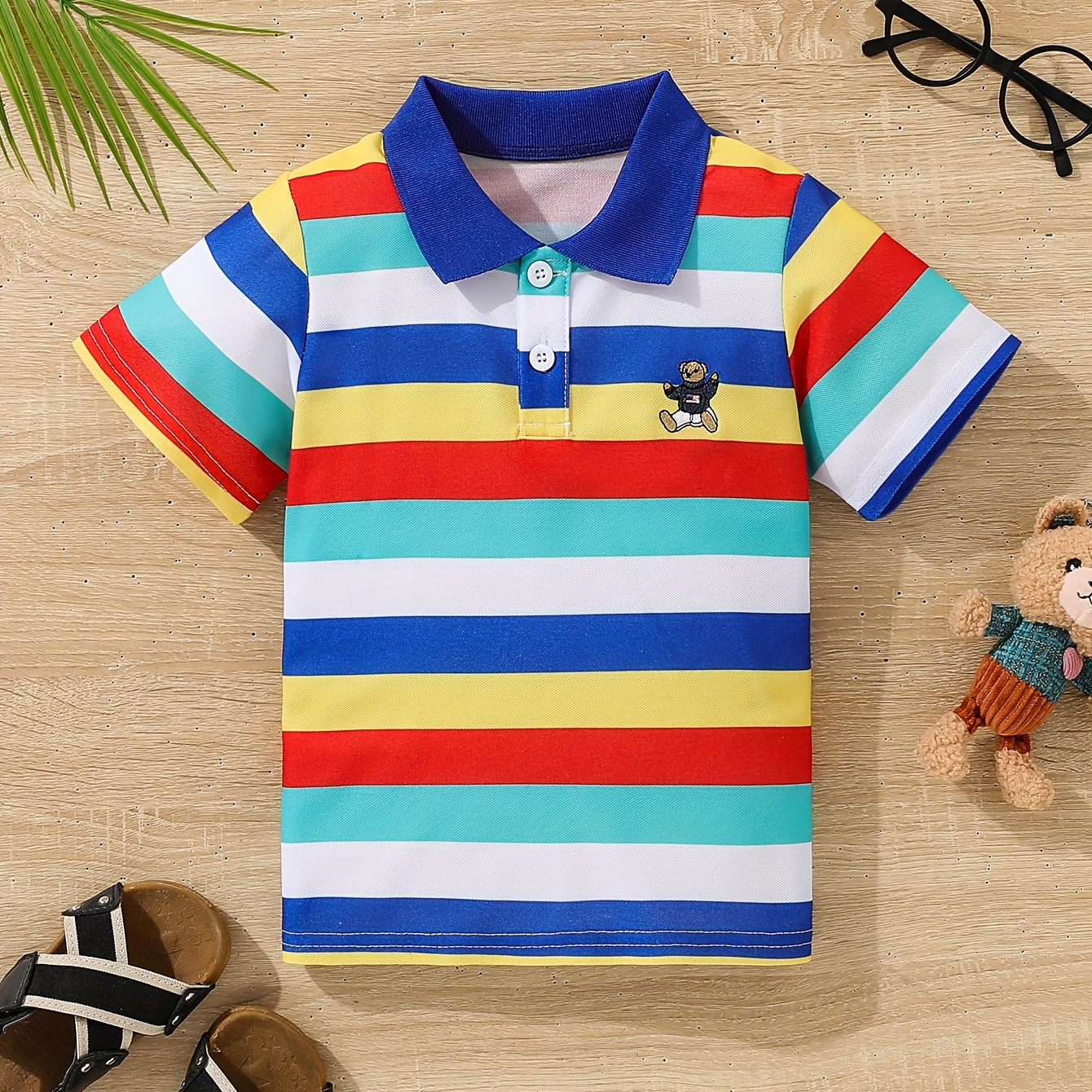 

Boy's Bear Embroidered Colorful Striped Short Sleeve Lapel Shirt, Trendy Short Sleeve Casual Comfy Summer Top