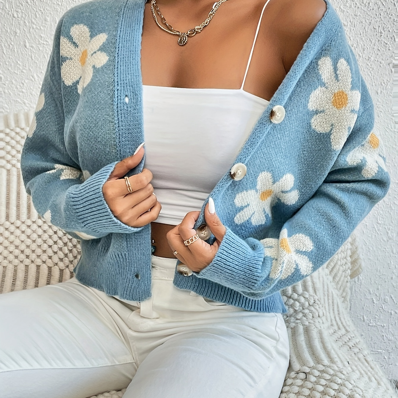 

Pattern Knit , V Long Sweater, Women's Clothing