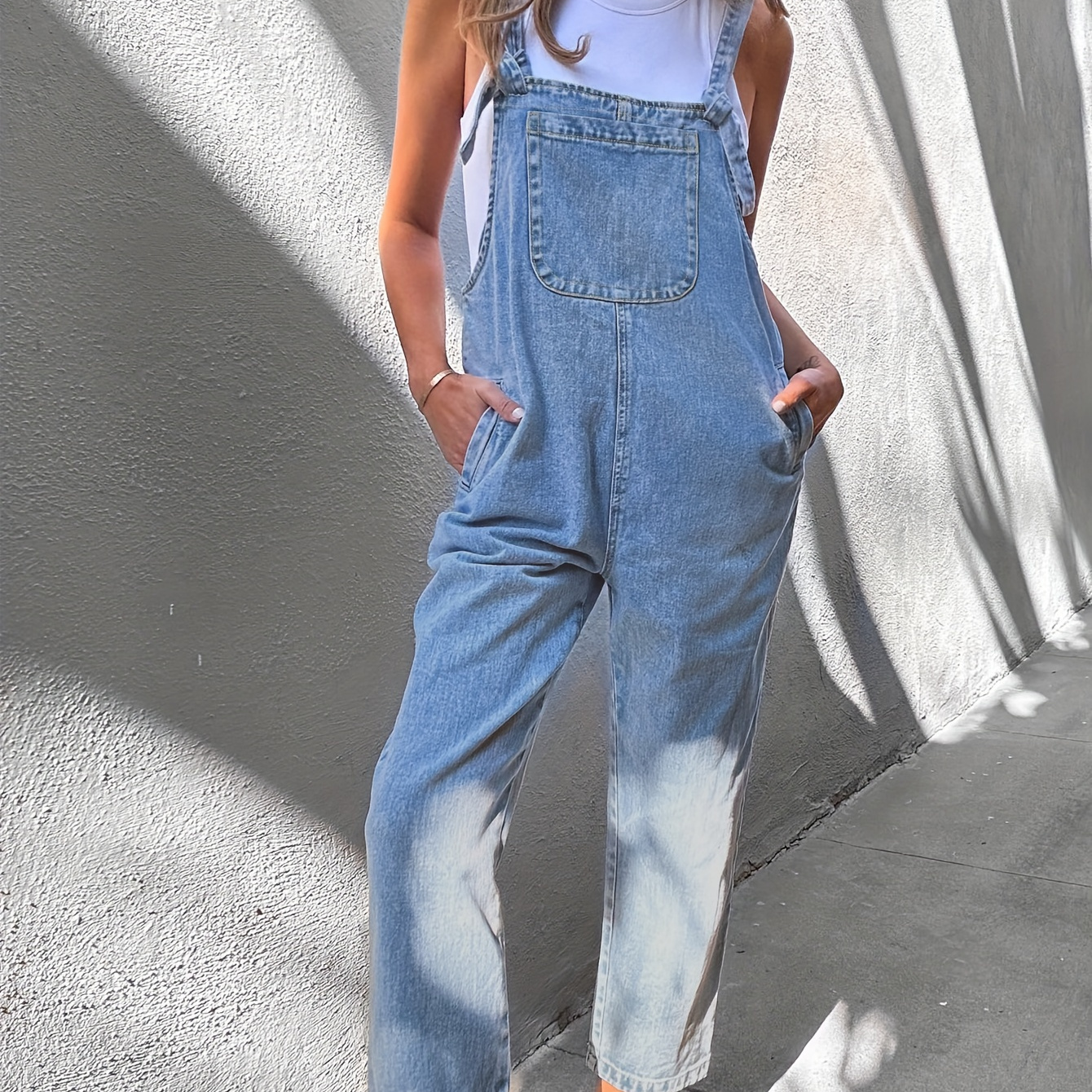 

Plain Light Washed Blue Loose Fit Casual Denim Overalls , Women's Denim Jeans & Clothing