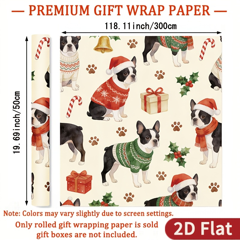 TEMU 1 Rouleau de Boston Terrier pour Emballage de Fêtes, Loisirs Créatifs sur le Thème des Animaux, de et Boston Terrier avec Bonnet de Père Noël -