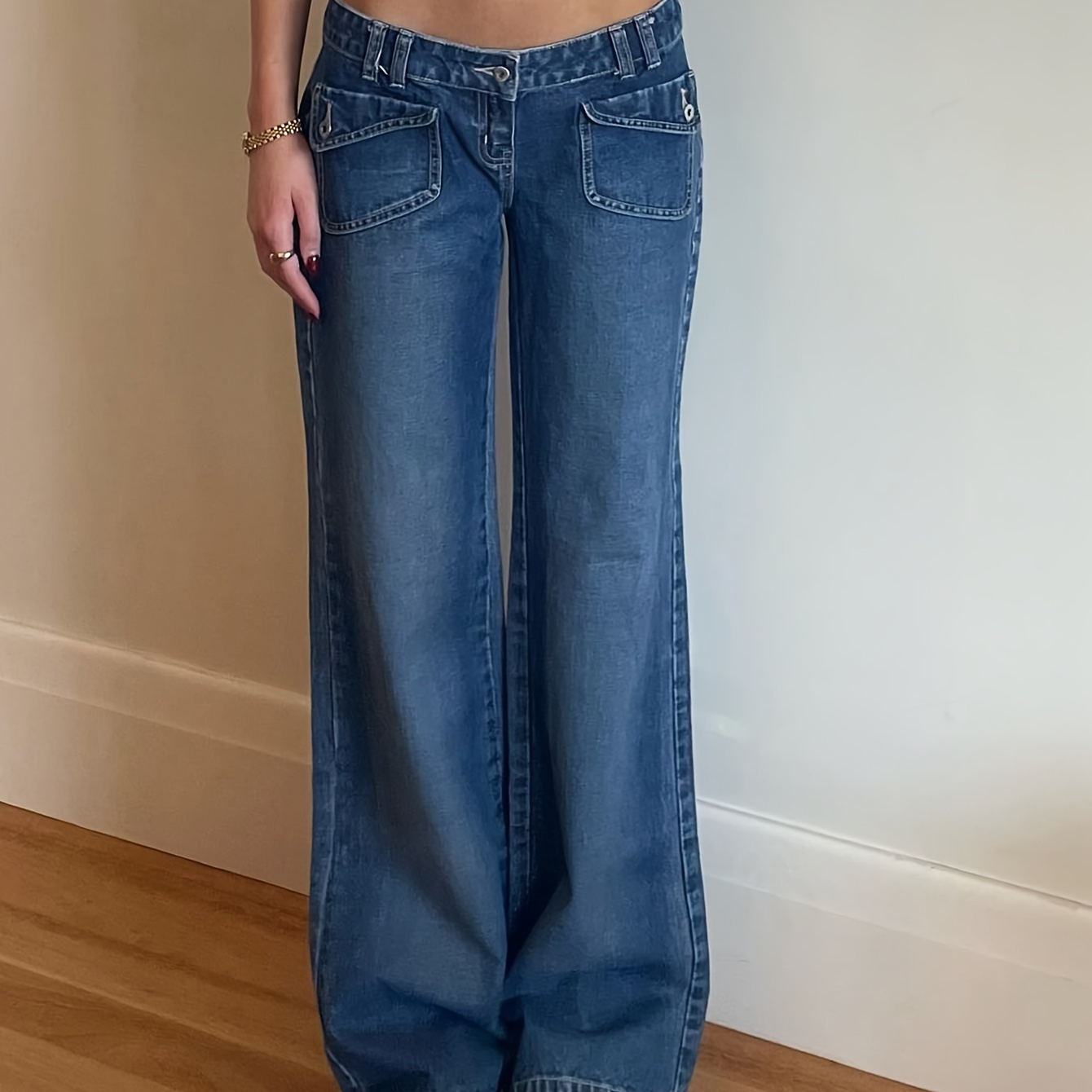 

Women's Vintage Style Wide Leg Denim Jeans, Plain Blue, With Button Detail, Casual Flared Trousers For Fashionable Retro Look Suit For Autumn