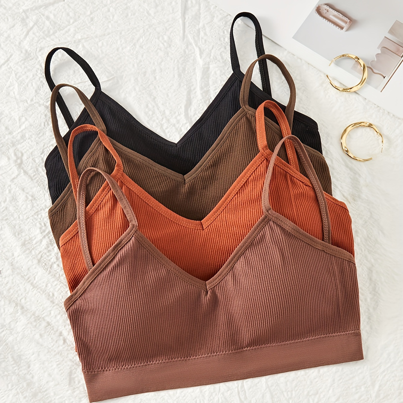 

4-pack Women's Casual Ribbed Crop Tank Tops, Comfort Stretch Blend Bralettes In Black/brown/orange/tan Colors, Multiple Straps Design, Breathable Underwear Set