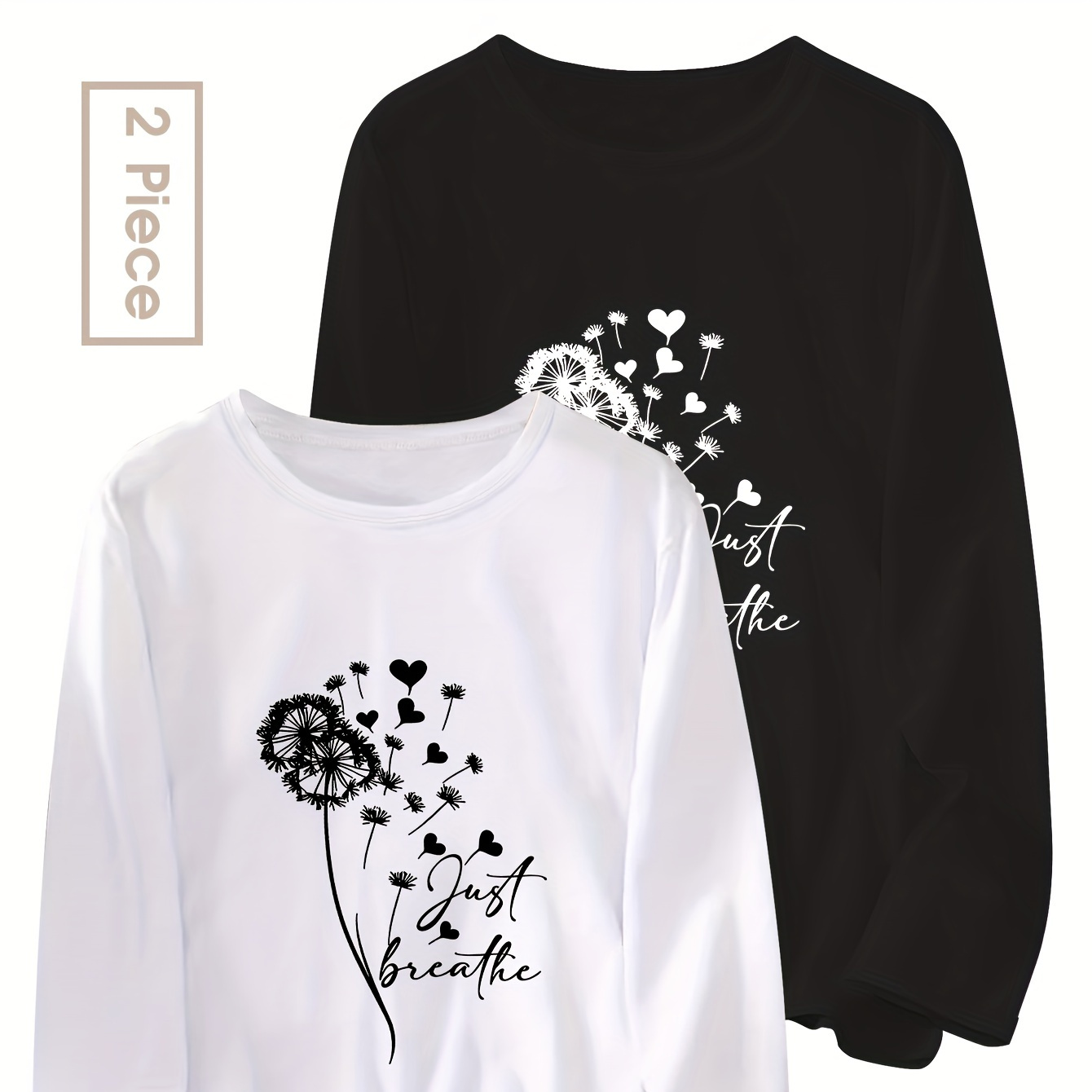 

2-pack Women's Long Sleeve T-shirts, Round Neck, , Polyester , Breathable Knit Fabric, Dandelion Print, Regular Fit, Pullover, Autumn/winter Collection