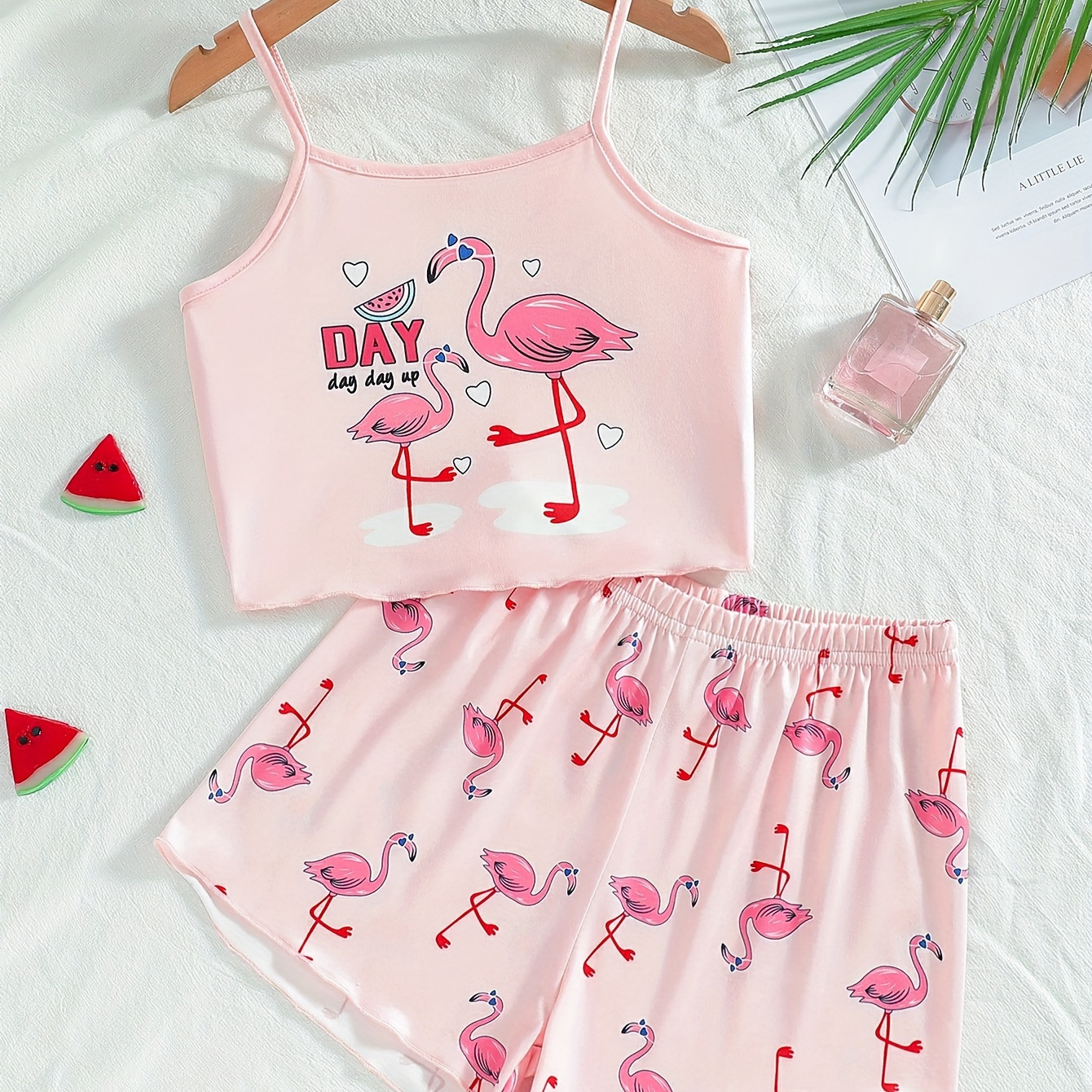 

Girls' 2-piece Flamingo Print Camisole Top And Printed Shorts Set, Cute Summer Casual Vacation Style Loungewear Outfit