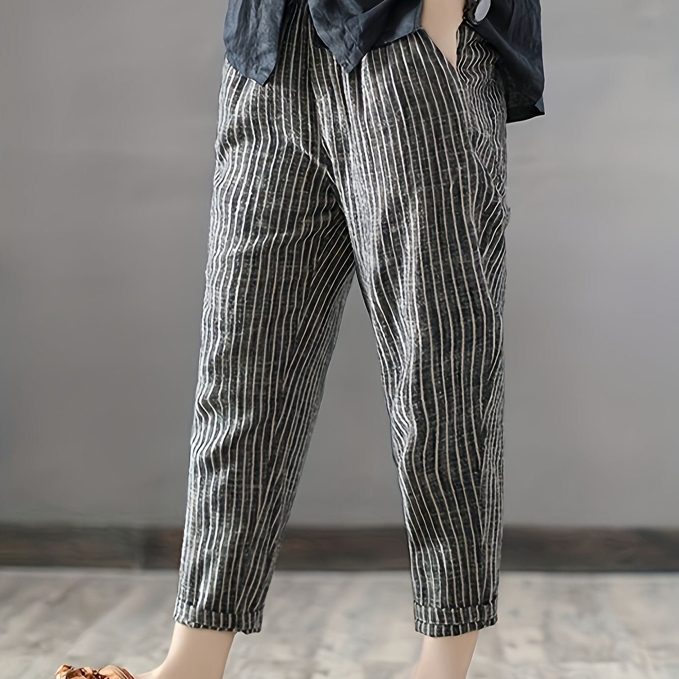 

Striped Print Cropped Harem Pants, Vintage Slant Pocket Loose Pants, Women's Clothing