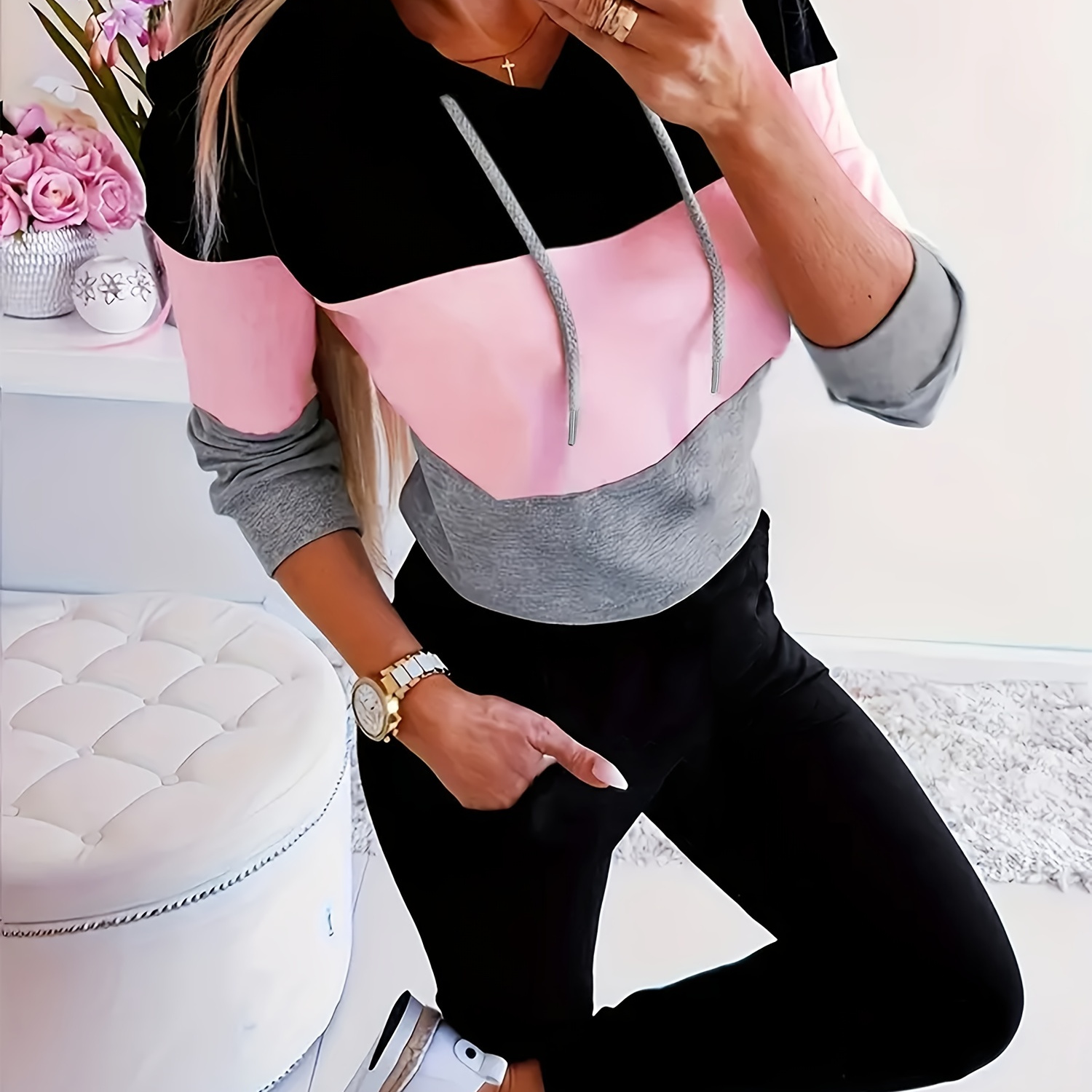 

Casual Comfy Two-piece Set, Color Block Drawstring Hoodie & Solid Jogger Pants Outfits, Women's Clothing