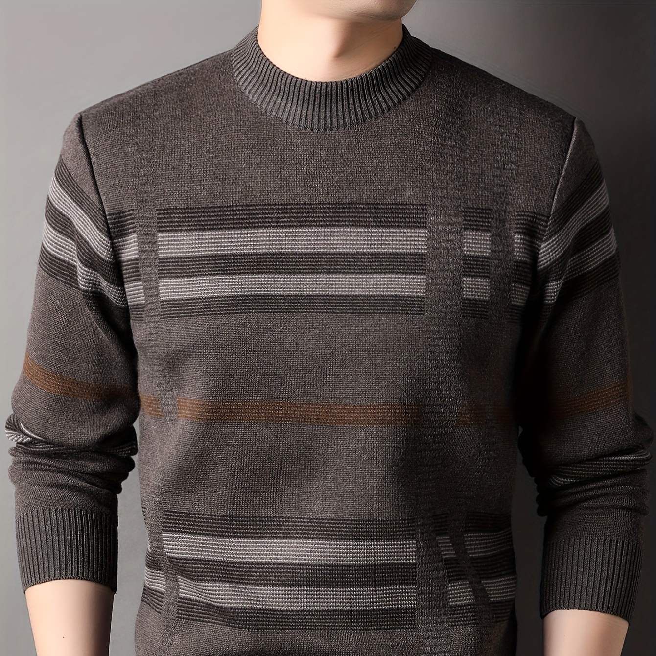 

Color Block Striped Men's Knit Sweater, Turtle Neck Long Sleeve Pullover Top, Stretchy & Slim Fit, Classic Design For Winter And Fall