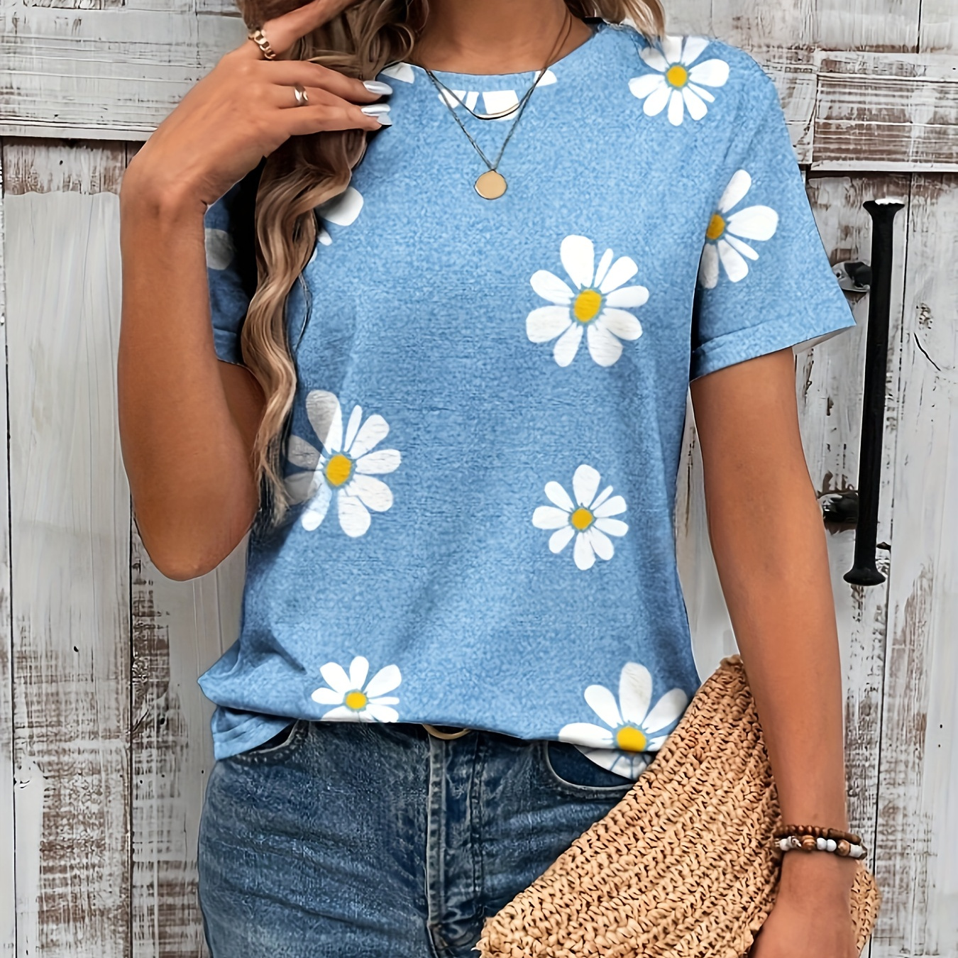 

Floral Print Crew Neck T-shirt, Casual Short Sleeve Top For Spring & Summer, Women's Clothing