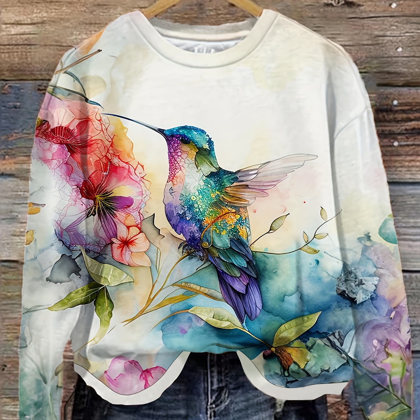 

Sweat-shirt à col rond imprimé oiseaux et fleurs, sweat-shirt décontracté à manches longues pour l'automne et l'hiver, vêtements pour femmes