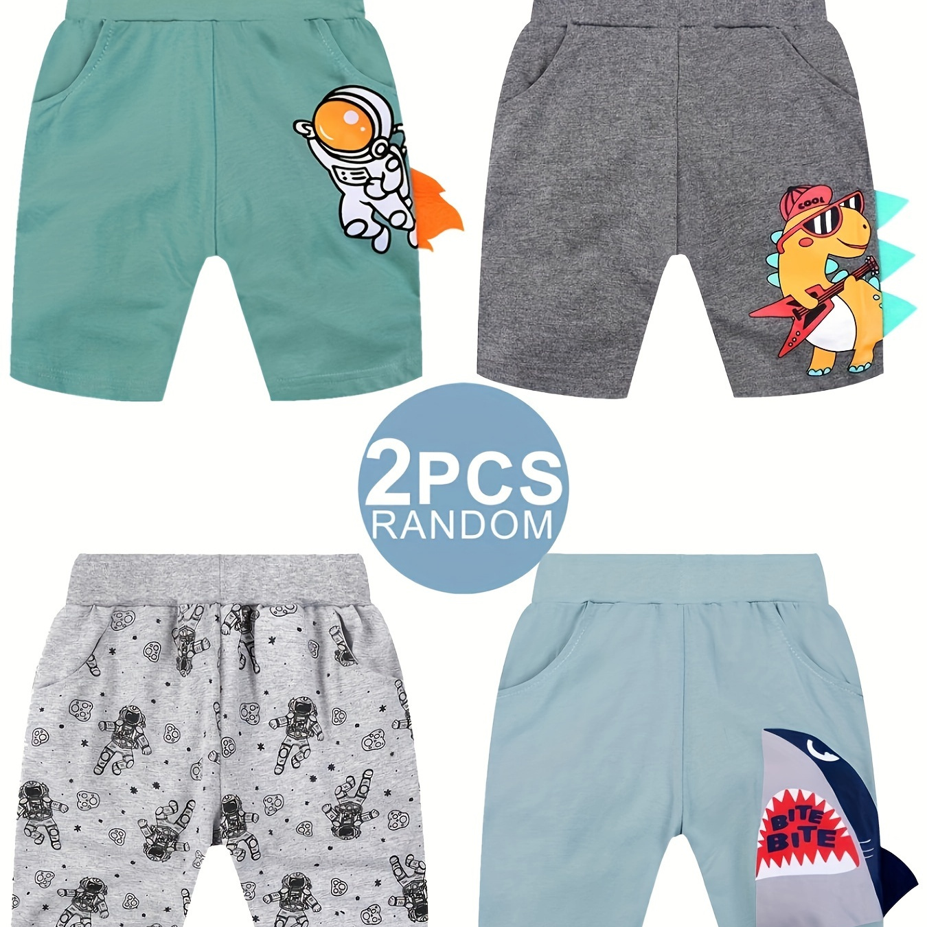 

Random 2 Pack Of Boy's Cute Shorts, Cartoon Pattern Elastic Waist Comfortable Soft Shorts For Summer Outdoor Sports
