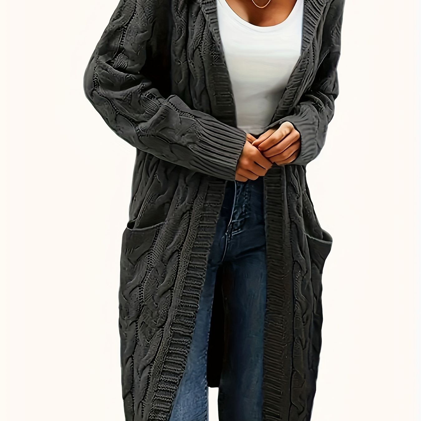 

Plus Size Textured Open Front Cardigan, Casual Long Sleeve Hooded Cardigan With Pockets, Women's Plus Size clothing