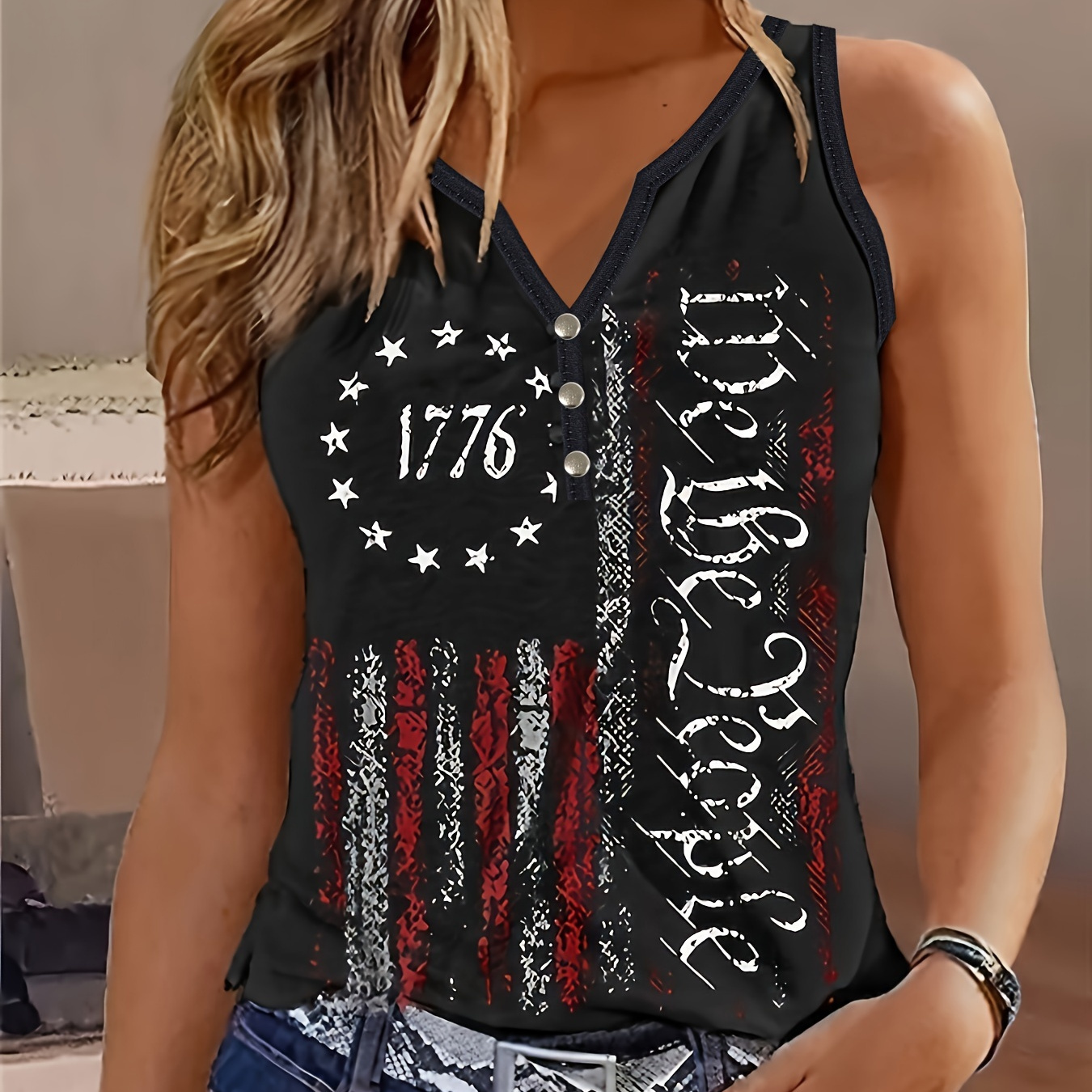 

Flag Print Notched Neck Tank Top, Vintage Sleeveless Tank Top For Summer, Women's Clothing