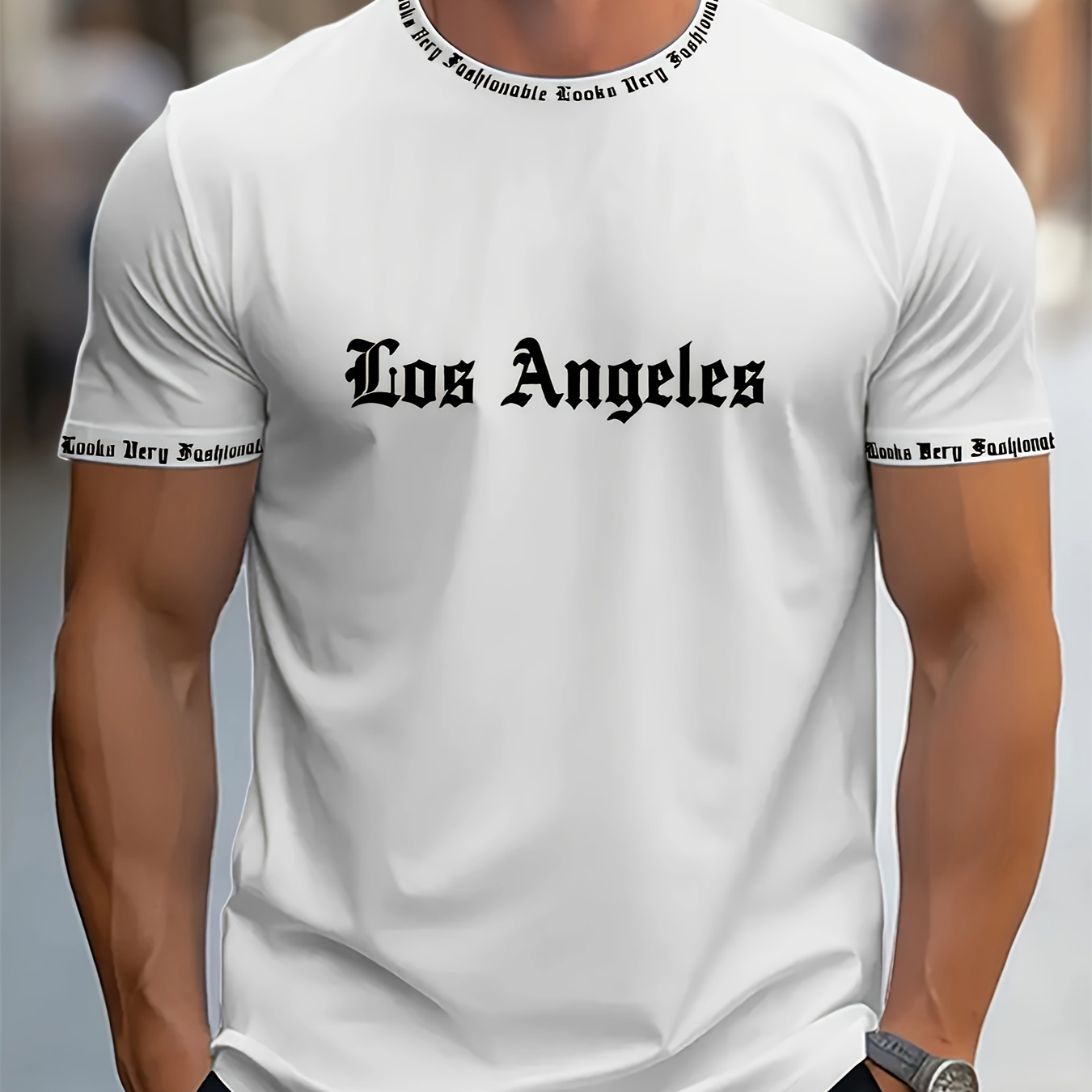 

Los Angeles Print Men's Crew Neck Fashionable Short Sleeve Sports T-shirt, Comfortable And Versatile, For Summer And Spring, Athletic Style, Comfort Fit T-shirt, As Gifts