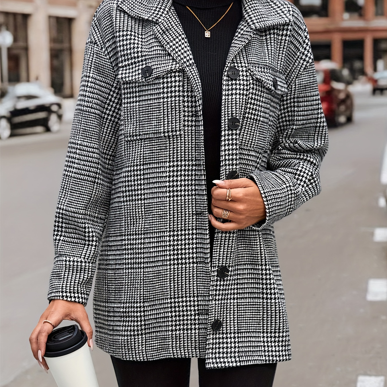 Plus Size Casual Coat, Women's Plus Houndstooth Print Button Up Lapel Collar Long Sleeve Shacket