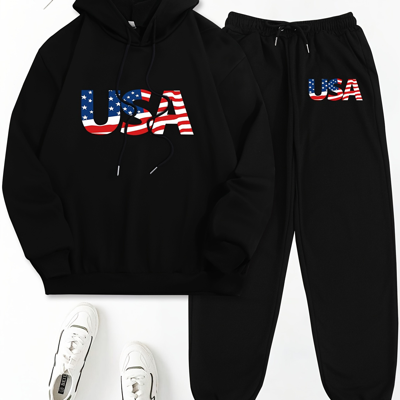 

Casual Usa Print Pantsuits, Long Sleeve Drawstring Hooded Sweatshirt & Pocket Jogger Pants Outfits, Women's Clothing