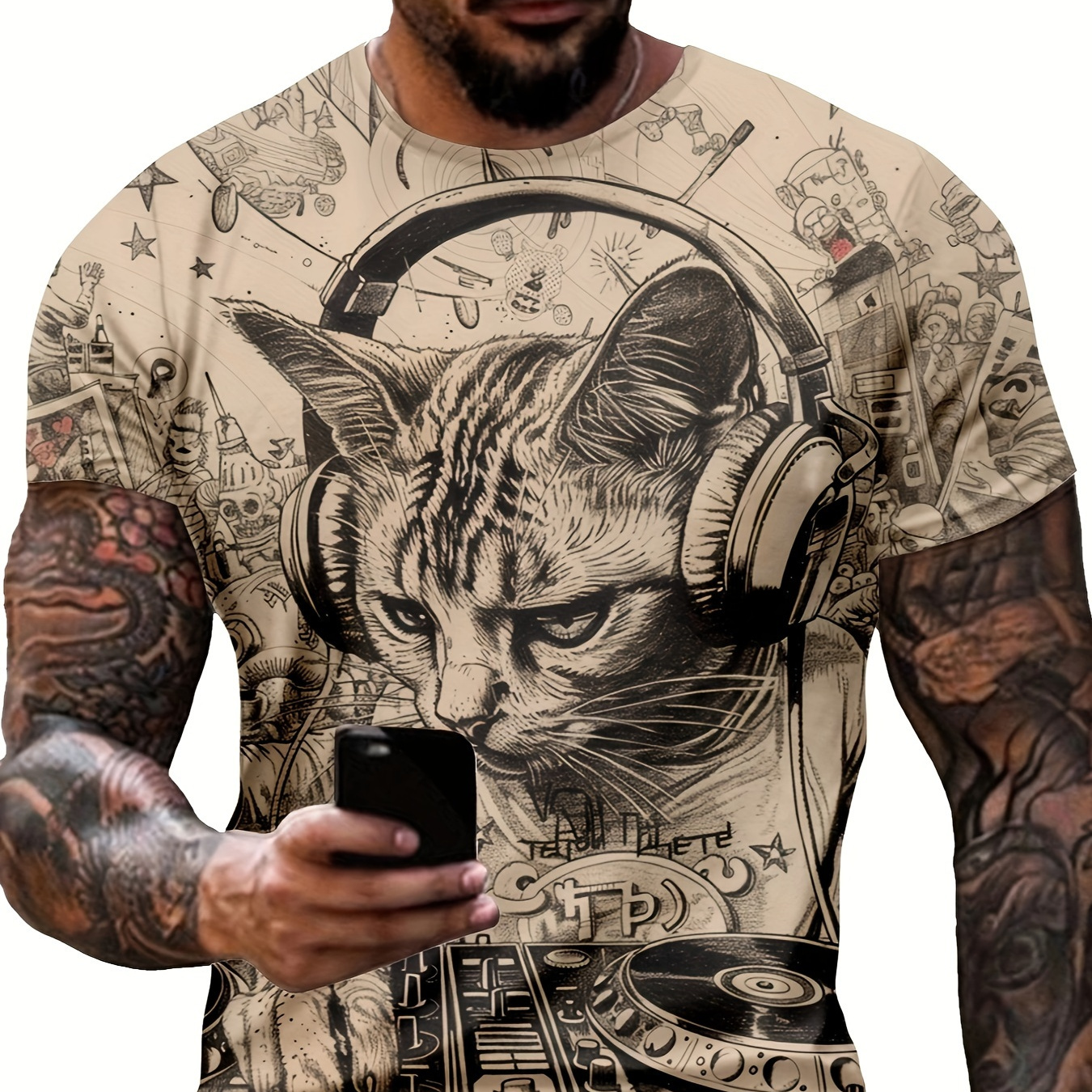 

Men's Cat Graphic Print T-shirt, Casual Short Sleeve Crew Neck Tee, Men's Clothing For Summer Outdoor