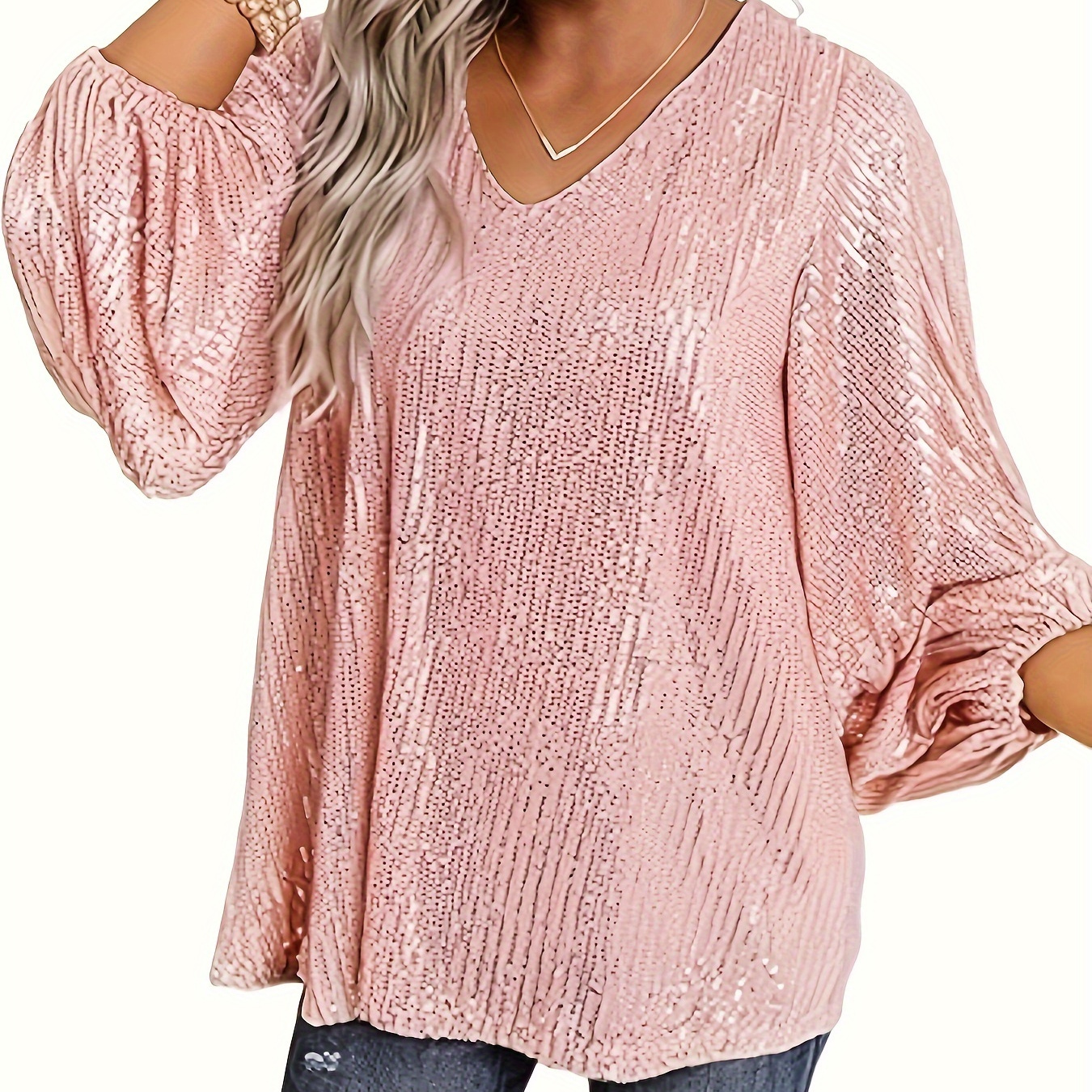 

Women Sequin Top Sexy V Neck Balloon Long Sleeve Sequin Shirt Sparkly Glitter Party Tops Blouse For Party Club