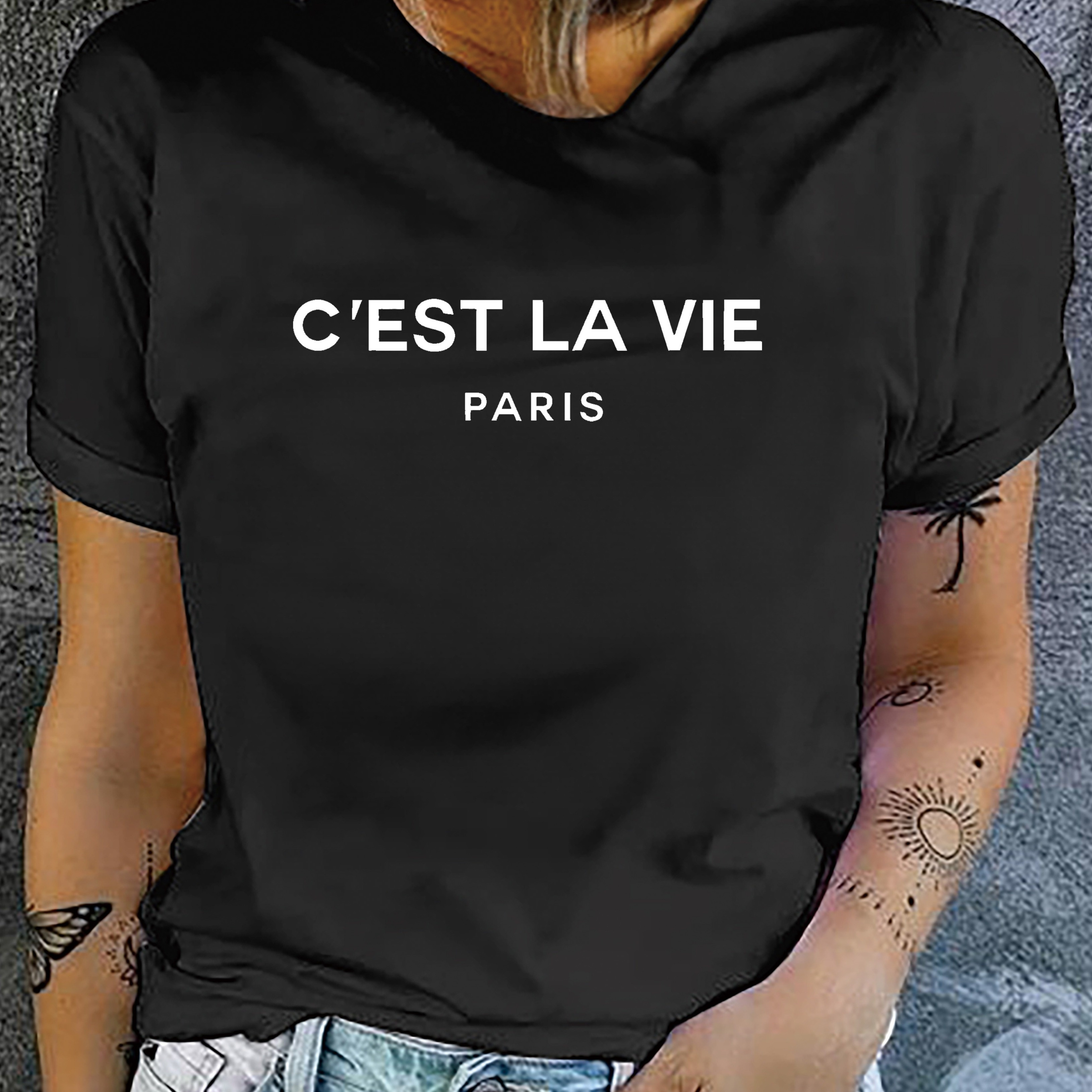 

Letter Print T-shirt, Short Sleeve Crew Neck Casual Top For Summer & Spring, Women's Clothing
