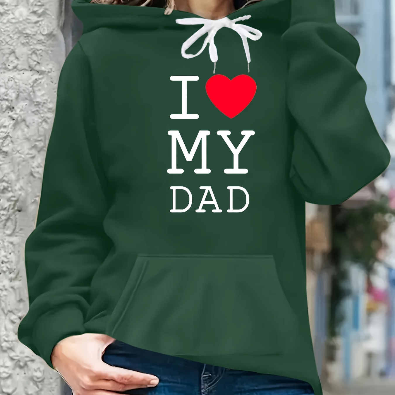 

I Love My Dad Letter Print Casual Hooded Sweatshirt, Long Sleeve Kangaroo Pocket Sports Hoodie, Women's Clothing