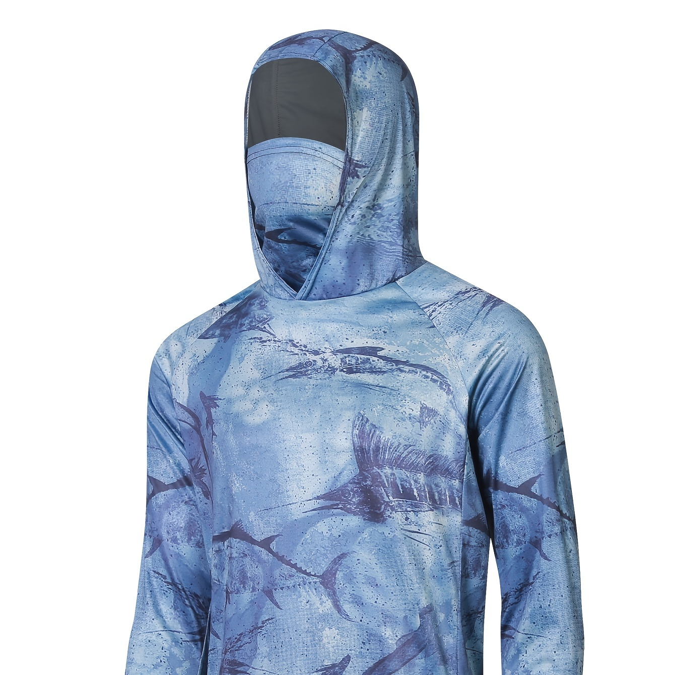 

Men's Sun Protection Hooded Shirt With Mask, Active Swordfish Print Quick Dry Slightly Stretch Long Sleeve Rash Guard For Fishing Hiking Cycling Outdoor