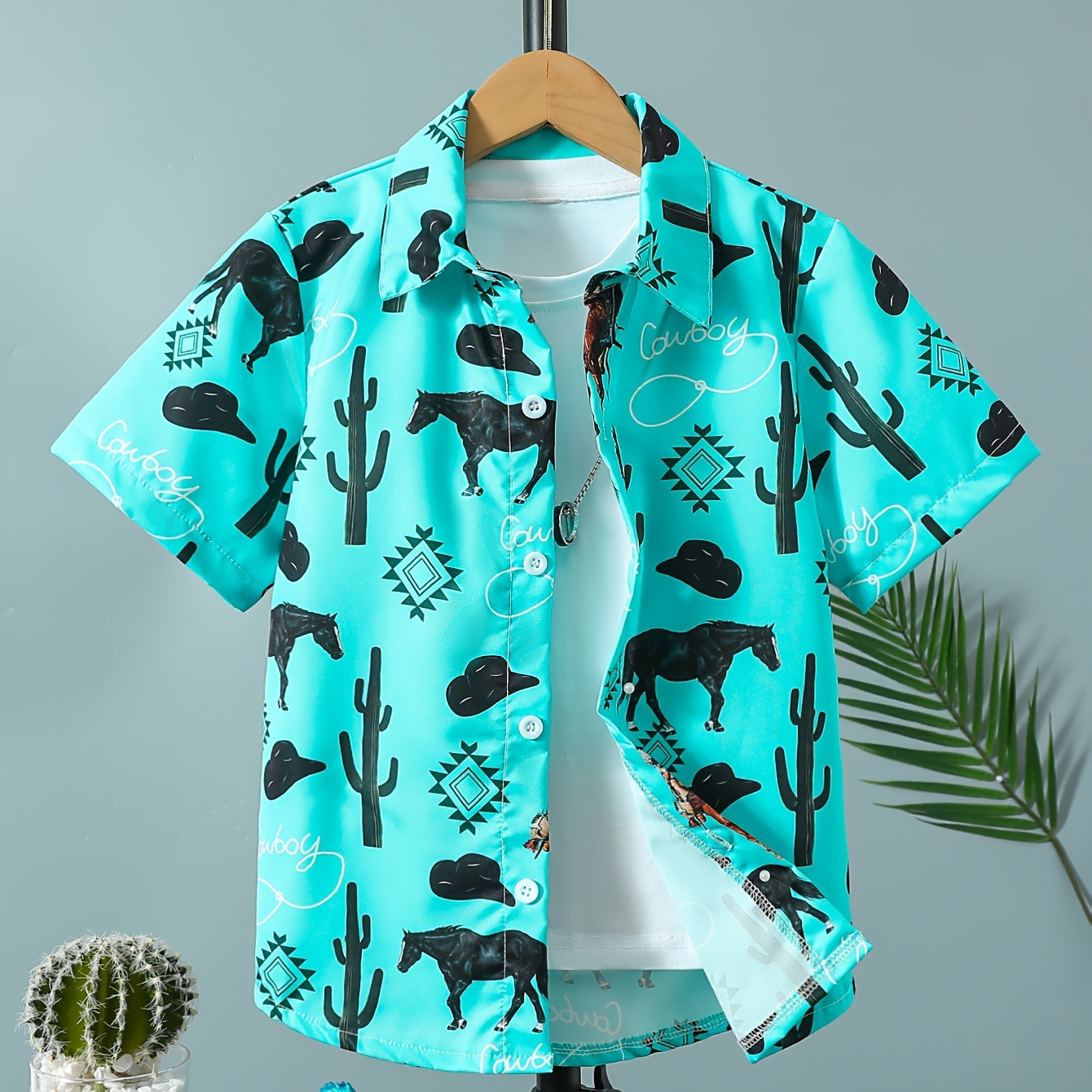 

Boy's Hose And Cactus Pattern Cowboy Shirt Short Sleeve Button Down Comfortable Summer Clothes