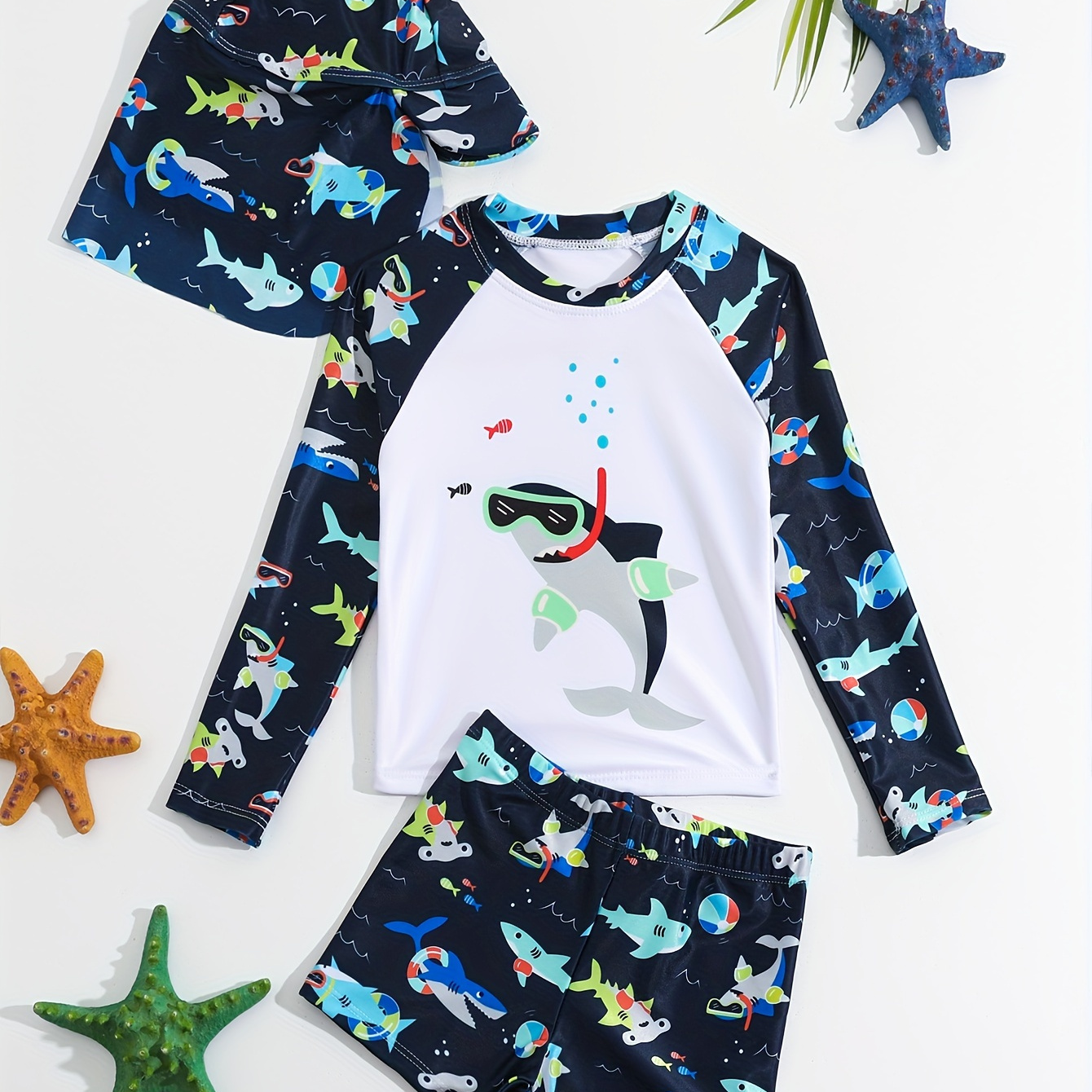 

Boy's Cartoon Shark Pattern Swimsuit Long Sleeve Tops & Elastic Shorts & Swim Cap Set, Summer Beach Vacation Swimwear