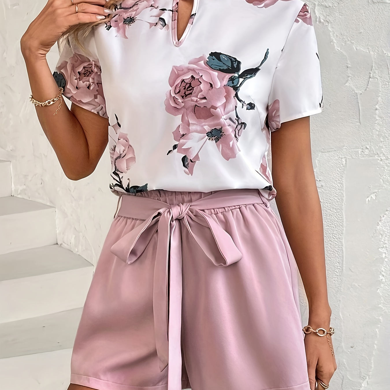 

Elegant Shorts Set, Floral Print Cut Out Blouse & Belted Solid Color Simple Shorts For Summer, Women's Clothing
