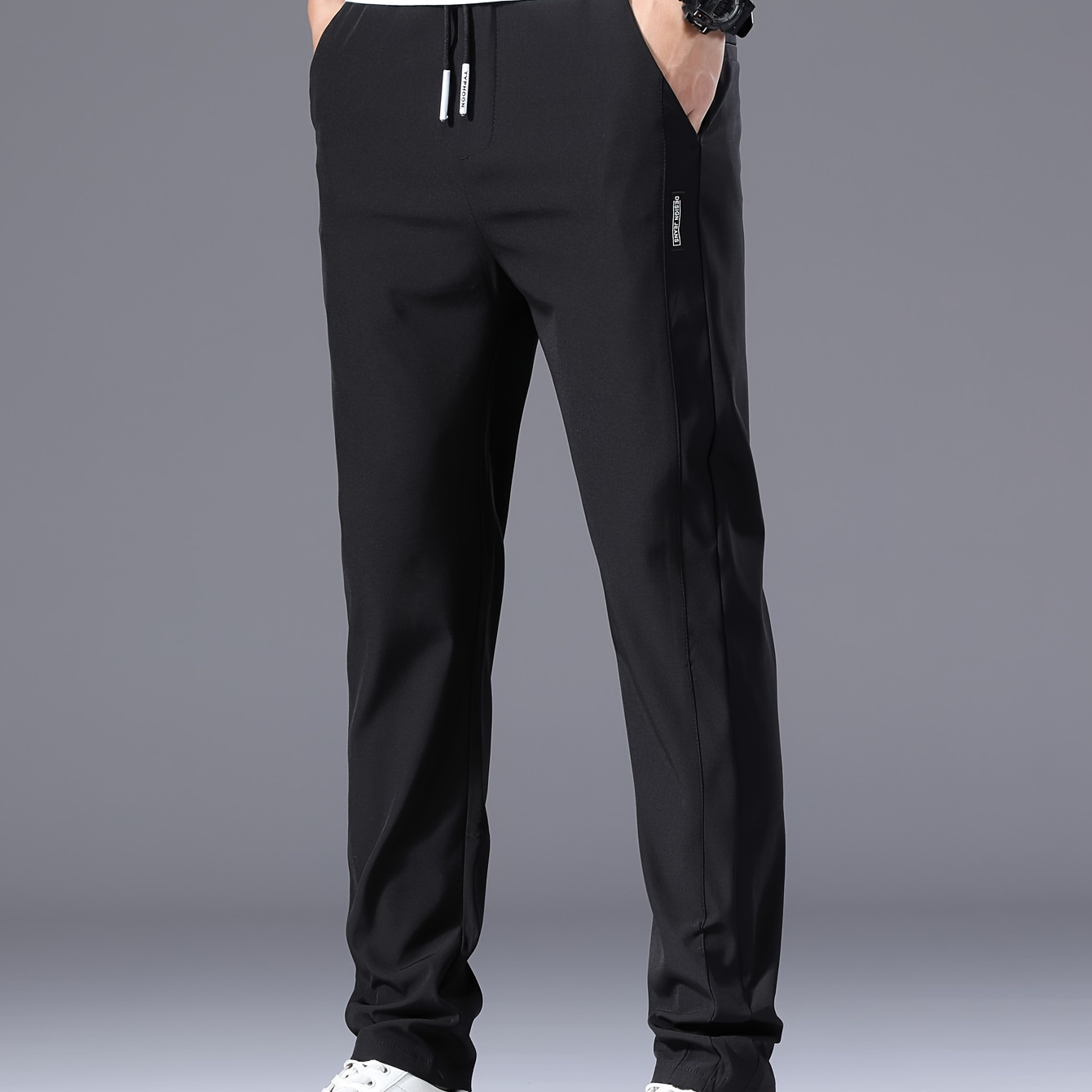 

Men's Solid Pants With Drawstring, Casual Breathable Slim Fit Trousers For Outdoor Activities, Daily Wear For Spring And Autumn