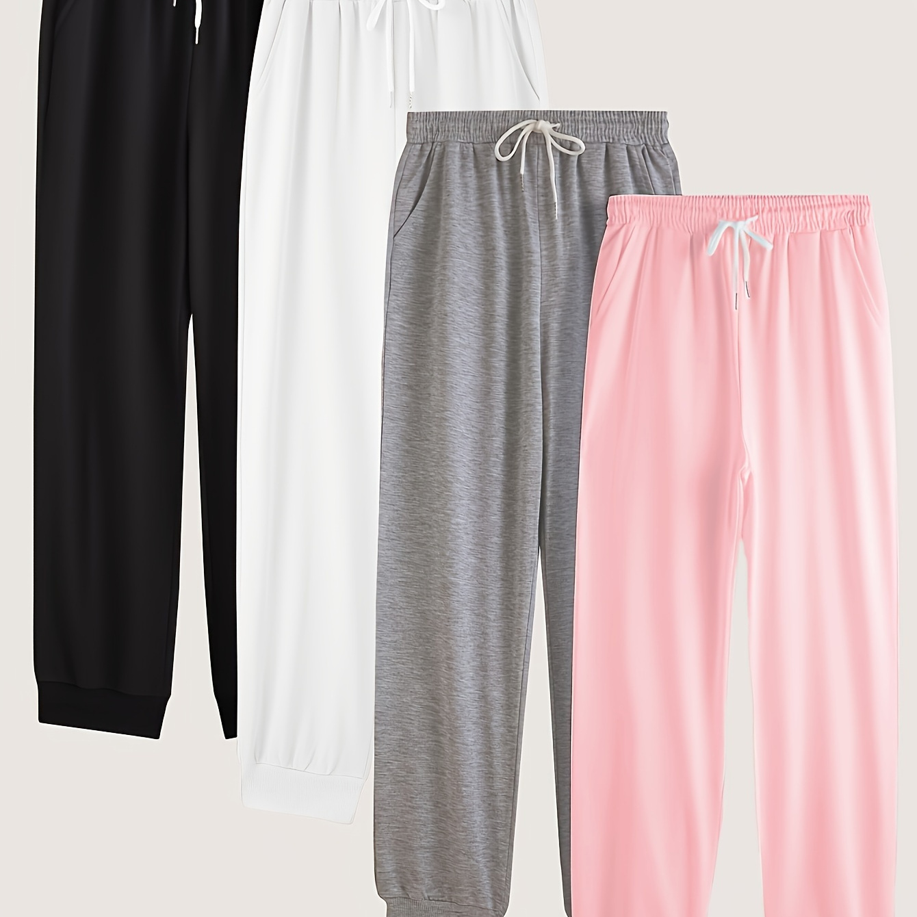 

Solid Drawstring Pants 4 Pack, Casual Elastic Waist Versatile Jogger Pants, Women's Clothing
