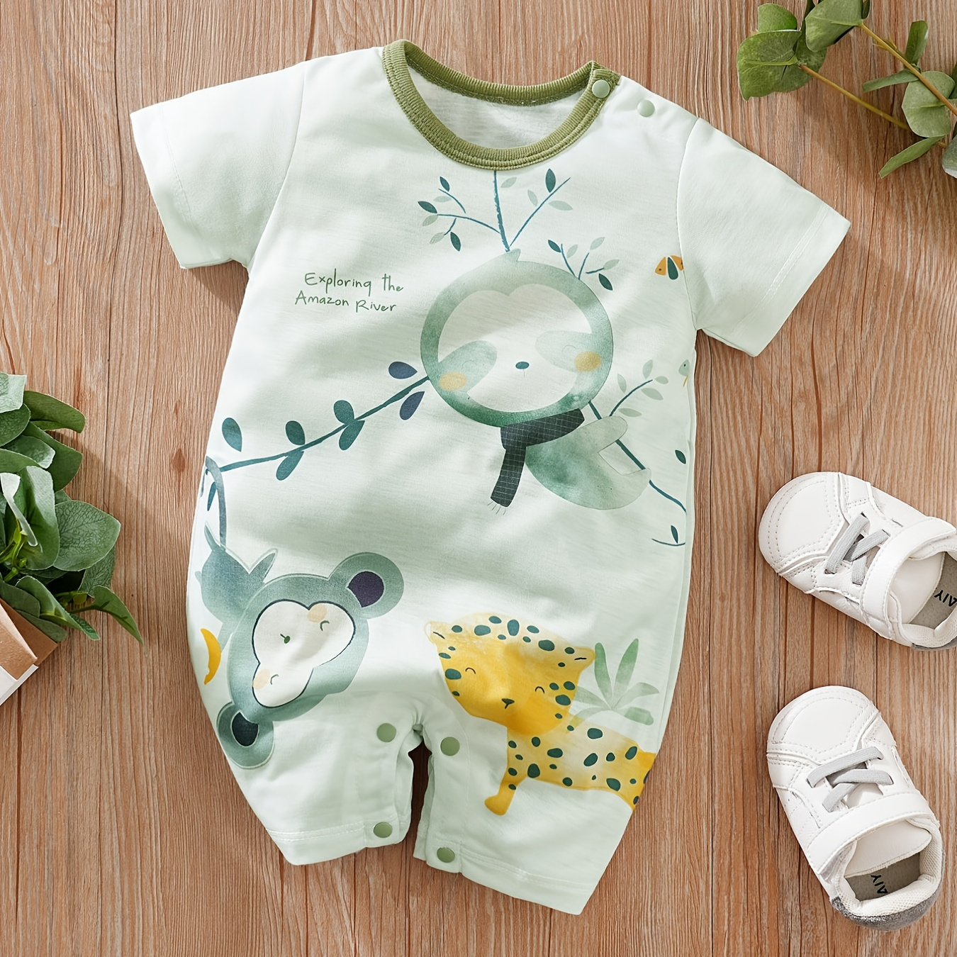 

Newborn Infant Cartoon Animal Print Romper Short Sleeve Crew Neck Jumpsuit For Baby Boys Toddler Summer Clothes