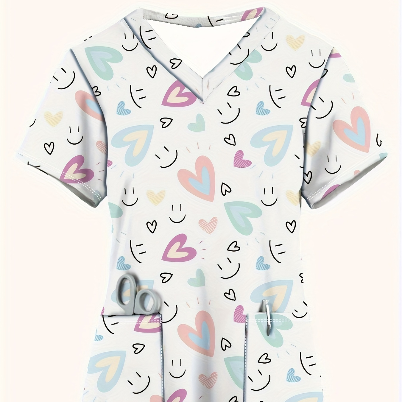 

Women' Short Sleeve V-neck Top, Face Heart Pattern Casual Nurse Uniform With Pocket, Polyester 95% Spandex 5%, Knit Fabric, Regular Length, Spring/summer Collection