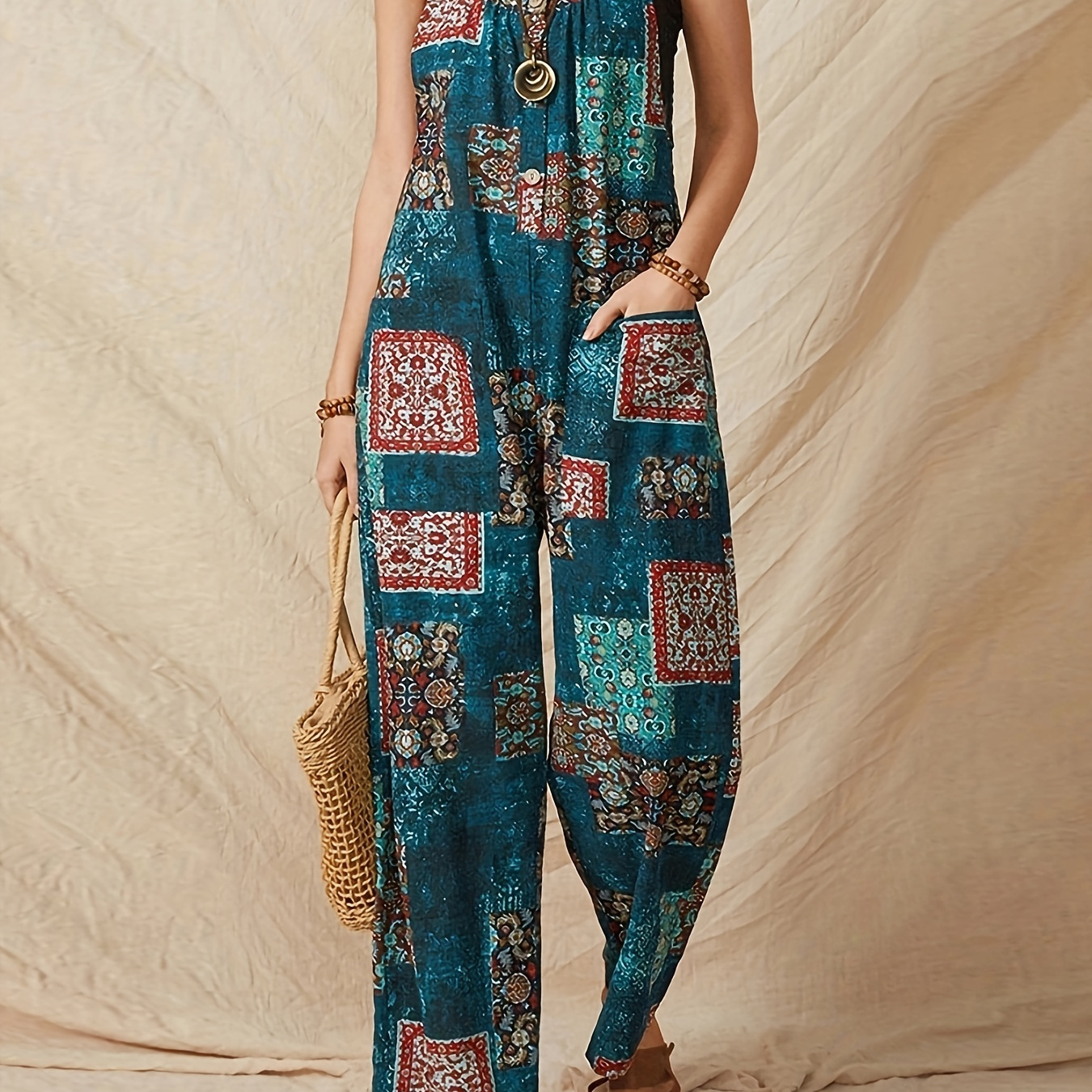 

Hippie Patchwork Retro Print Wide Leg Jumpsuit, Loose Casual Jumpsuit For Spring & Summer, Women's Clothing