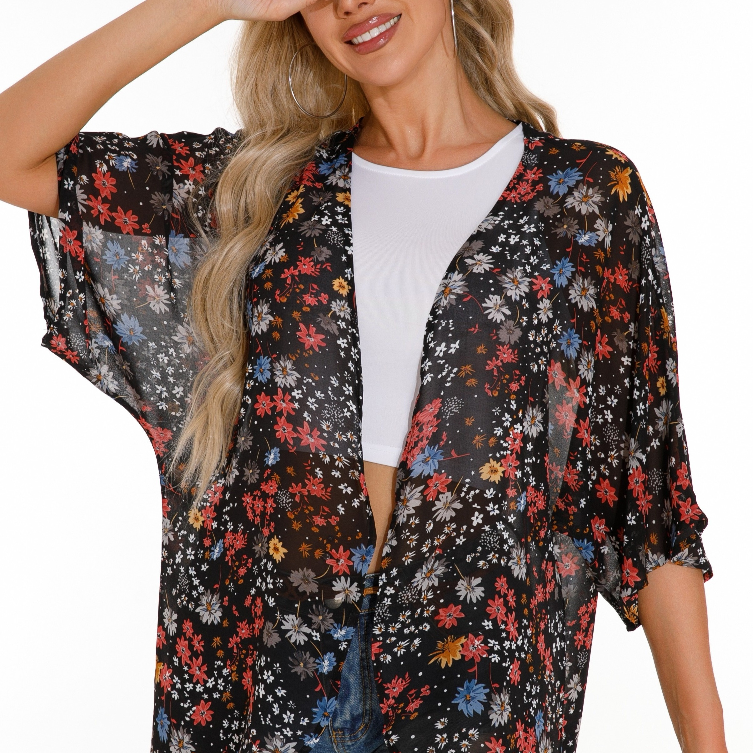 

Women's Floral Print Kimono Cardigan, Casual Loose Fit Bubble Sleeve Cover-up, Light Summer Front Top, Breezy Boho Style