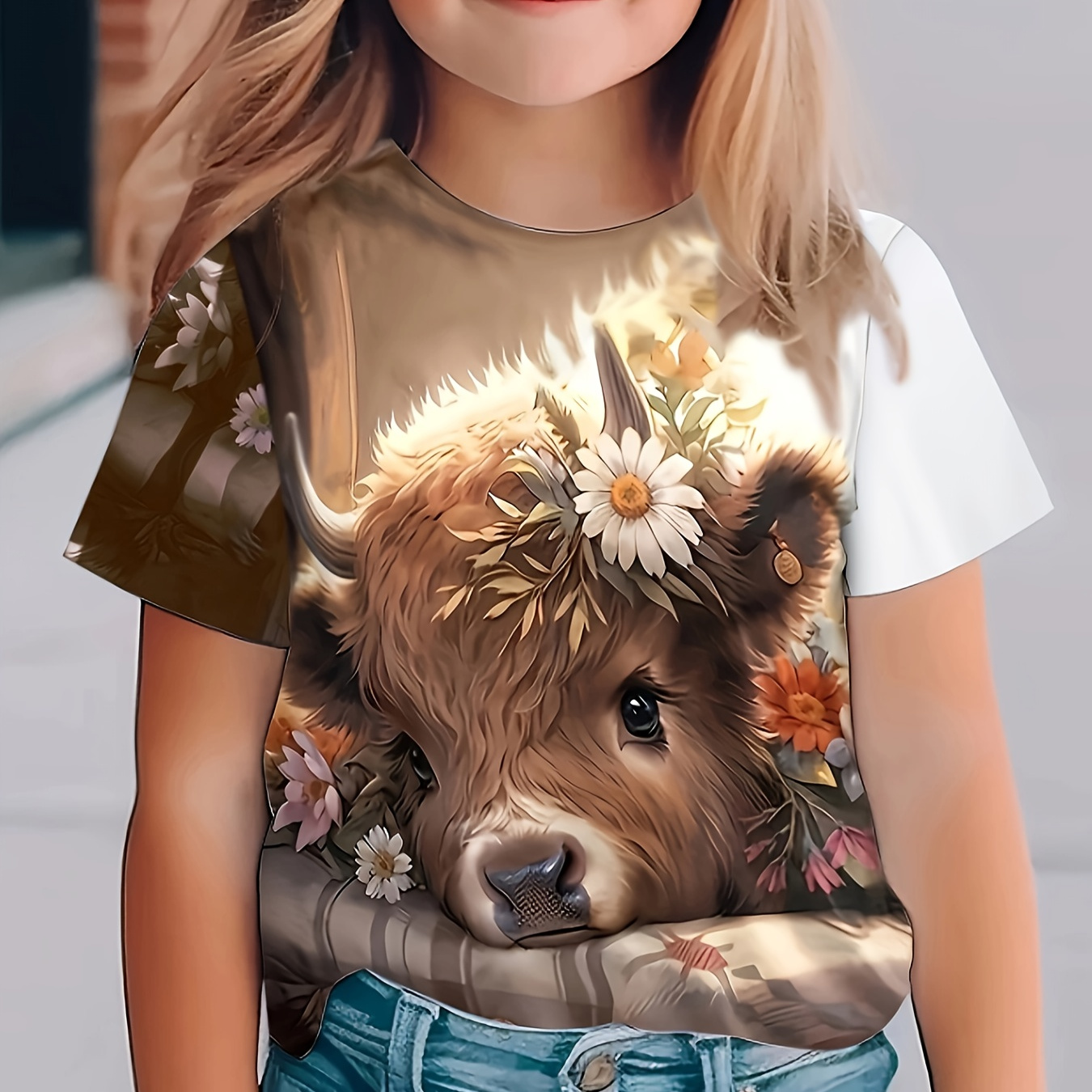 

Sweet 3d Animal Print Crew Neck Short Sleeve T-shirt Tops For Summer
