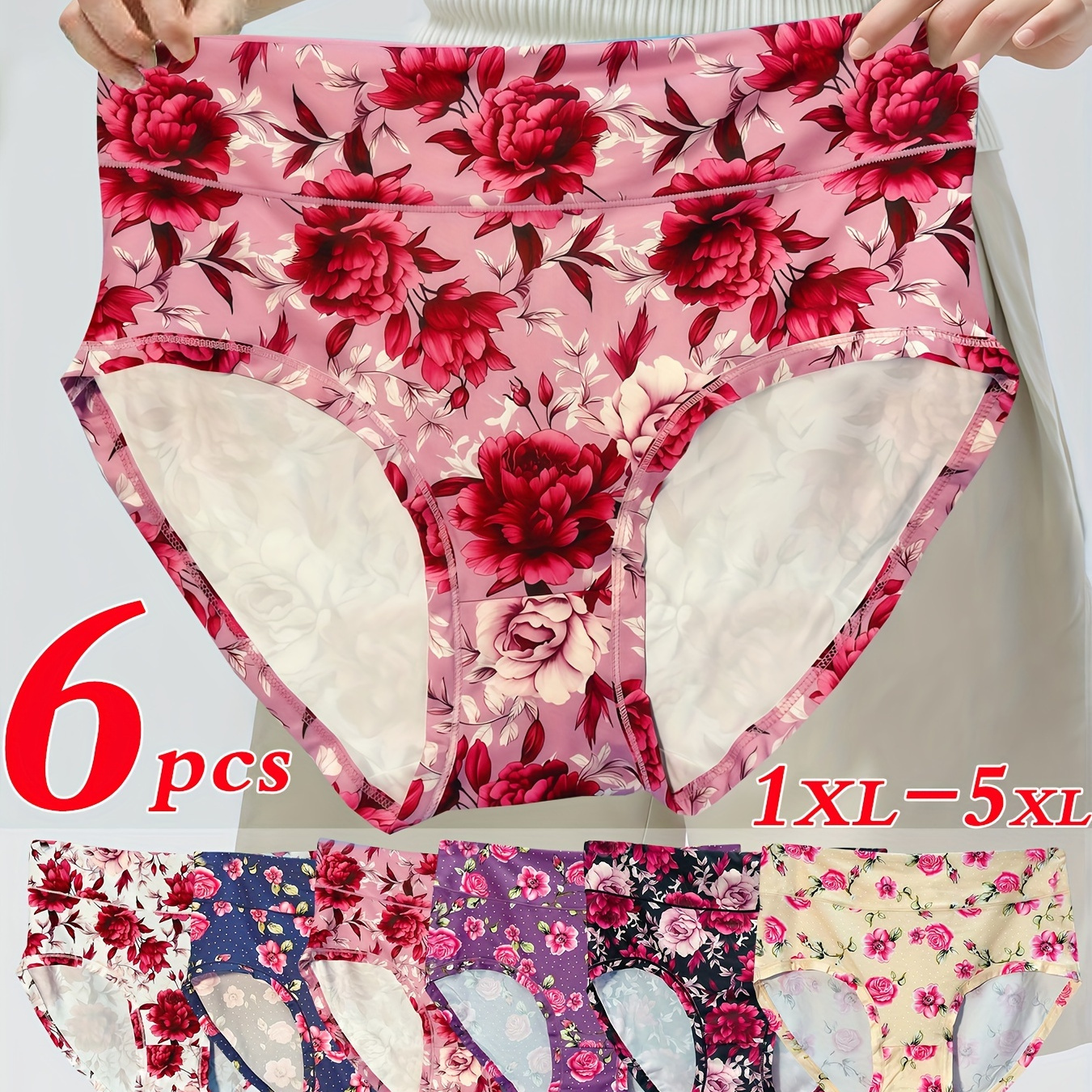 

6-pack Size Women's Floral Print Panties, High Waist Tummy Control Breathable Polyester Underwear For Mature & Young Ladies